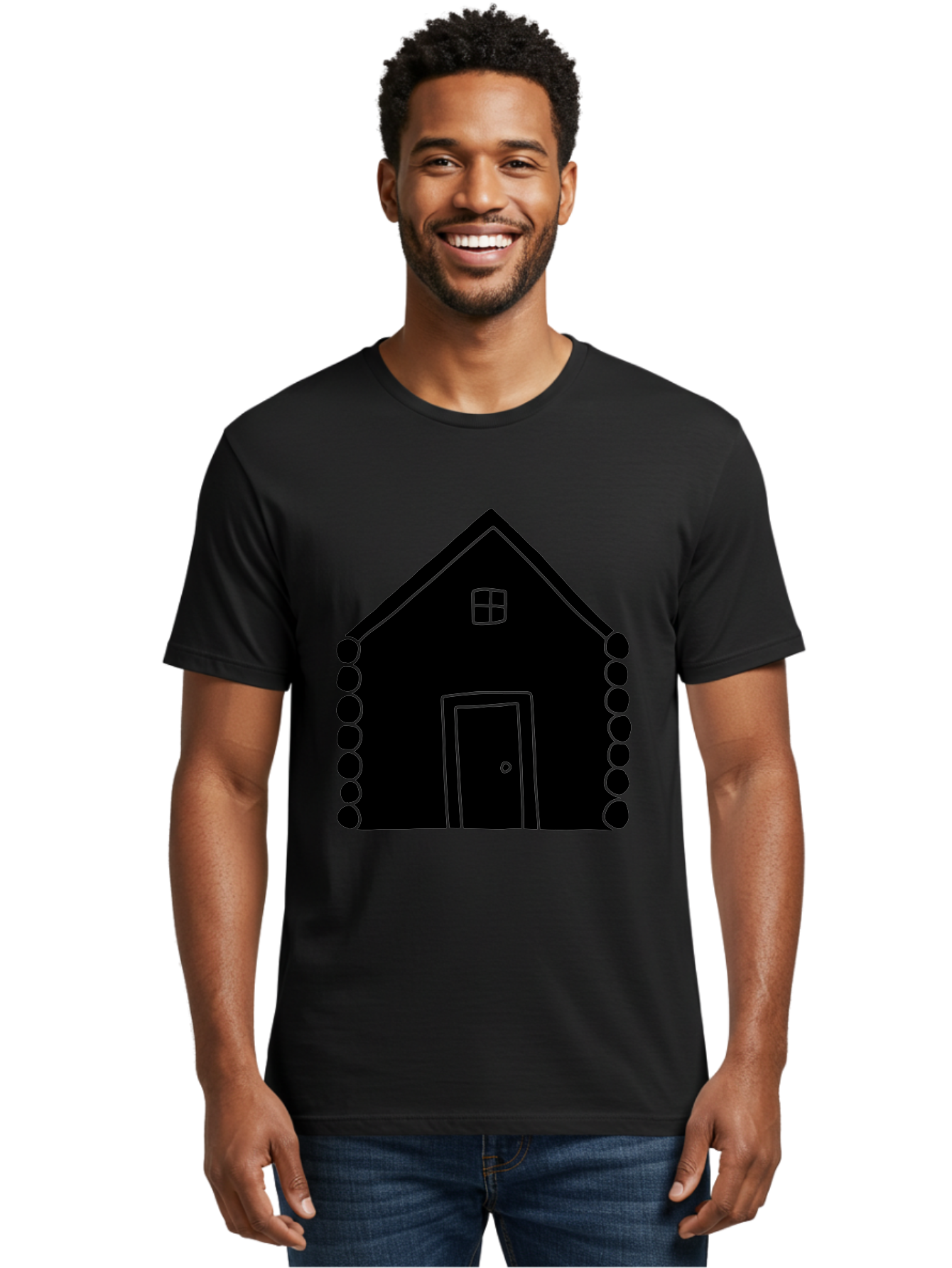 Log-Cabin Men'S Graphic Tee, 100% Cotton, Comfortable Casual Summer Wear, Machine Washable, Simple House Design, Minimalist Architecture, House Outline, Cozy Home, Door And Window, Simple Shapes, Modern Art - Aaa602