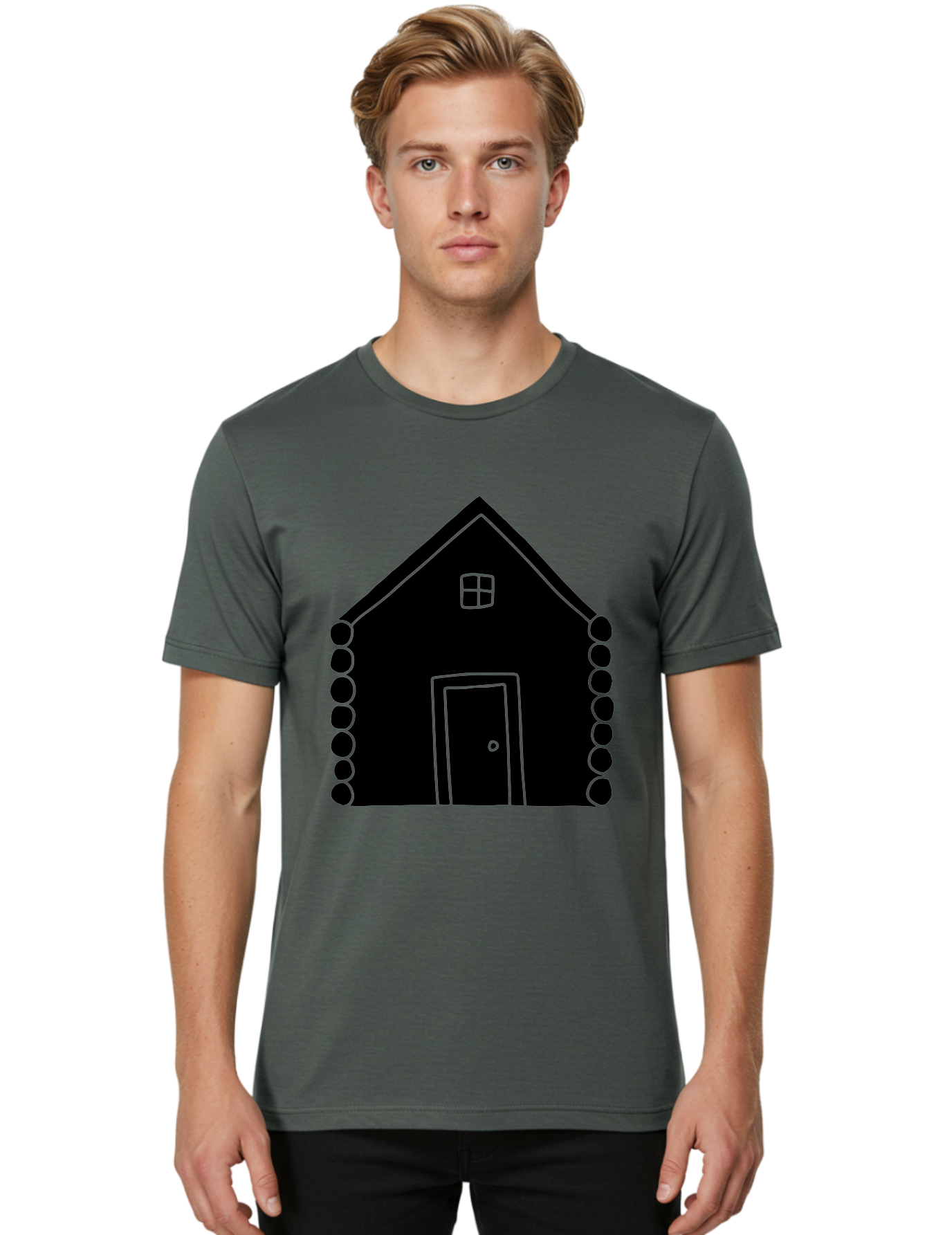 Log-Cabin Men'S Graphic Tee, 100% Cotton, Comfortable Casual Summer Wear, Machine Washable, Simple House Design, Minimalist Architecture, House Outline, Cozy Home, Door And Window, Simple Shapes, Modern Art - Aaa602
