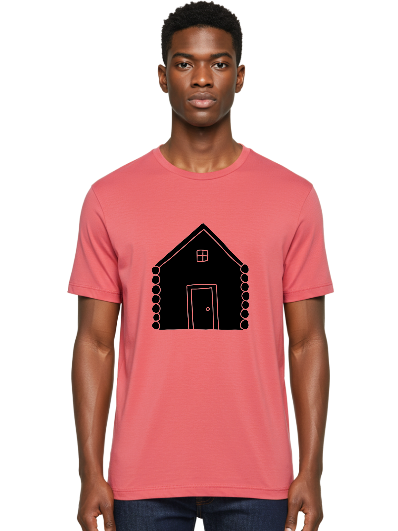 Log-Cabin Men'S Graphic Tee, 100% Cotton, Comfortable Casual Summer Wear, Machine Washable, Simple House Design, Minimalist Architecture, House Outline, Cozy Home, Door And Window, Simple Shapes, Modern Art - Aaa602