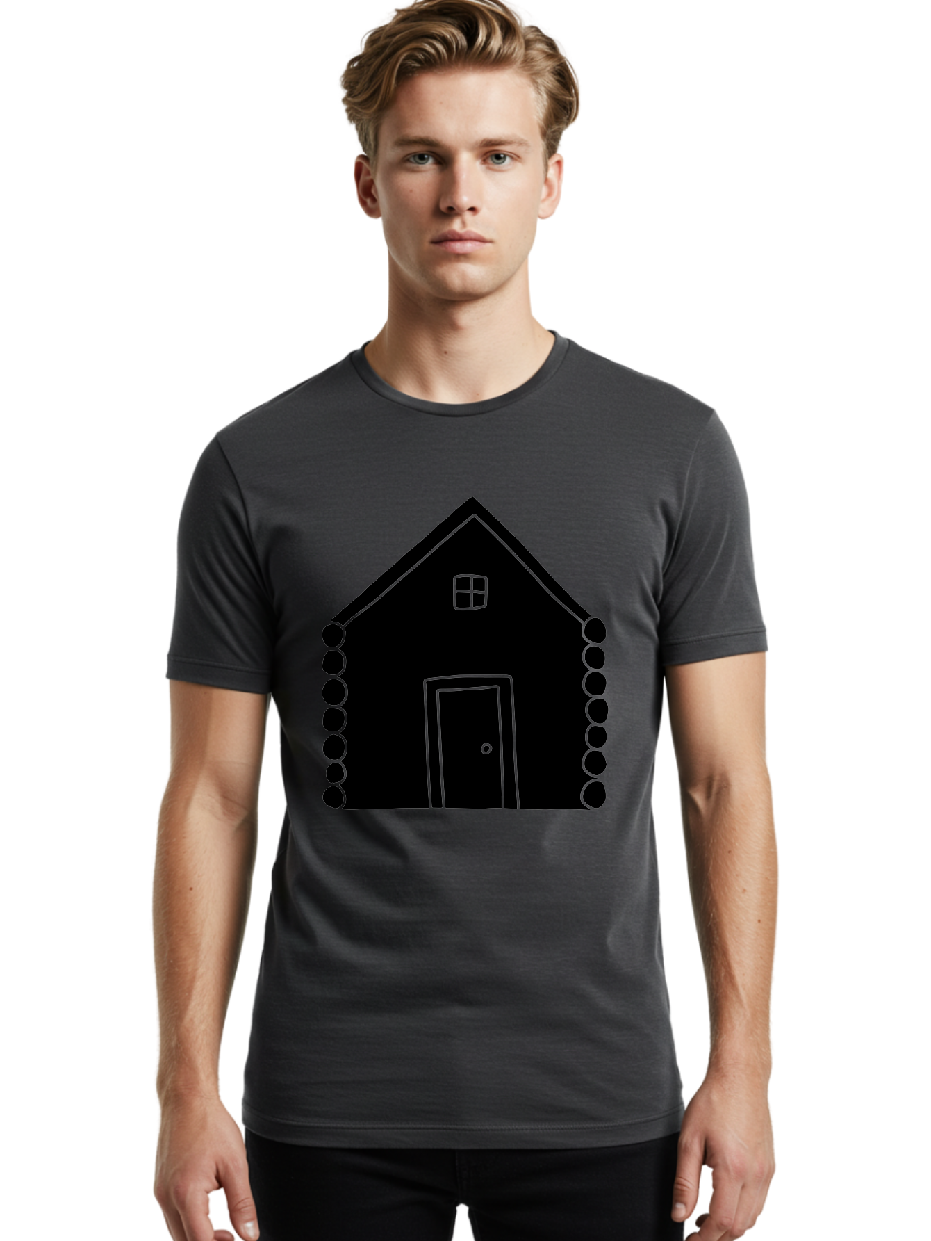 Log-Cabin Men'S Graphic Tee, 100% Cotton, Comfortable Casual Summer Wear, Machine Washable, Simple House Design, Minimalist Architecture, House Outline, Cozy Home, Door And Window, Simple Shapes, Modern Art - Aaa602