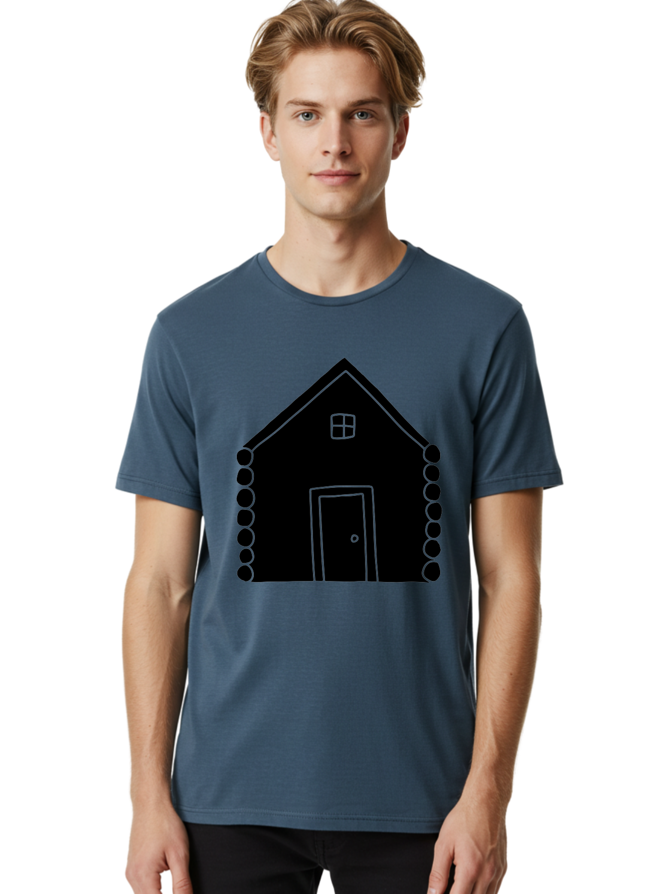 Log-Cabin Men'S Graphic Tee, 100% Cotton, Comfortable Casual Summer Wear, Machine Washable, Simple House Design, Minimalist Architecture, House Outline, Cozy Home, Door And Window, Simple Shapes, Modern Art - Aaa602