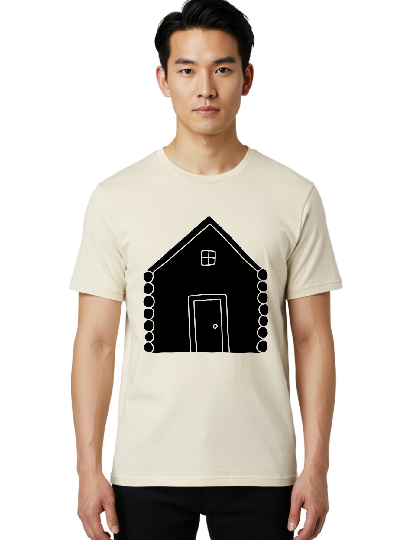 Log-Cabin Men'S Graphic Tee, 100% Cotton, Comfortable Casual Summer Wear, Machine Washable, Simple House Design, Minimalist Architecture, House Outline, Cozy Home, Door And Window, Simple Shapes, Modern Art - Aaa602