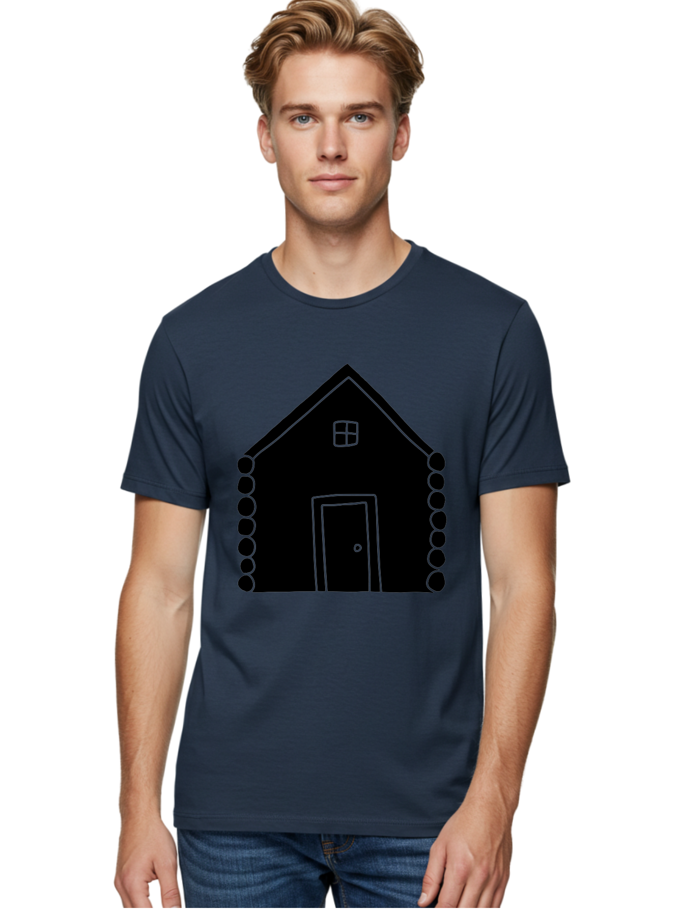 Log-Cabin Men'S Graphic Tee, 100% Cotton, Comfortable Casual Summer Wear, Machine Washable, Simple House Design, Minimalist Architecture, House Outline, Cozy Home, Door And Window, Simple Shapes, Modern Art - Aaa602