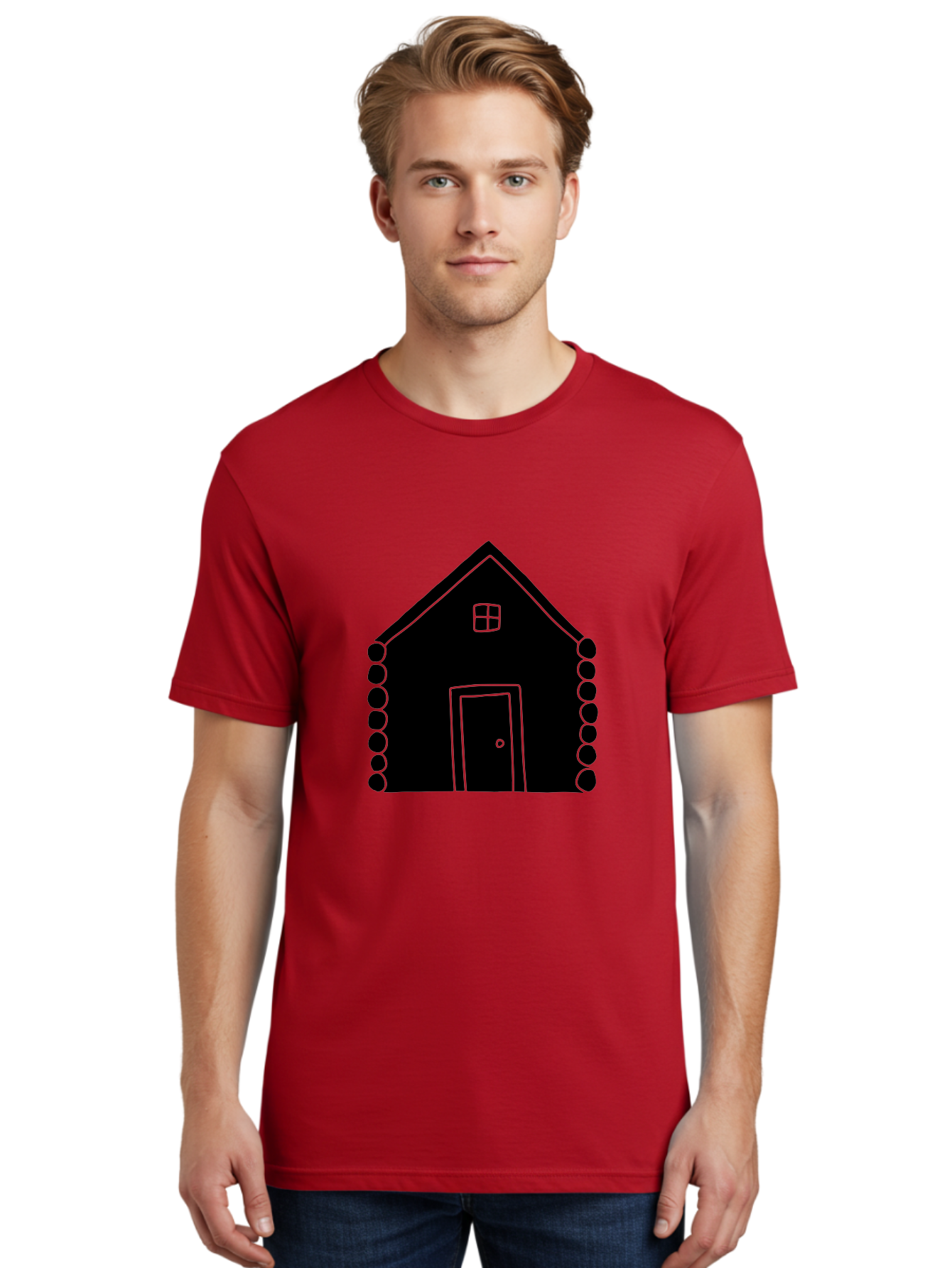 Log-Cabin Men'S Graphic Tee, 100% Cotton, Comfortable Casual Summer Wear, Machine Washable, Simple House Design, Minimalist Architecture, House Outline, Cozy Home, Door And Window, Simple Shapes, Modern Art - Aaa602
