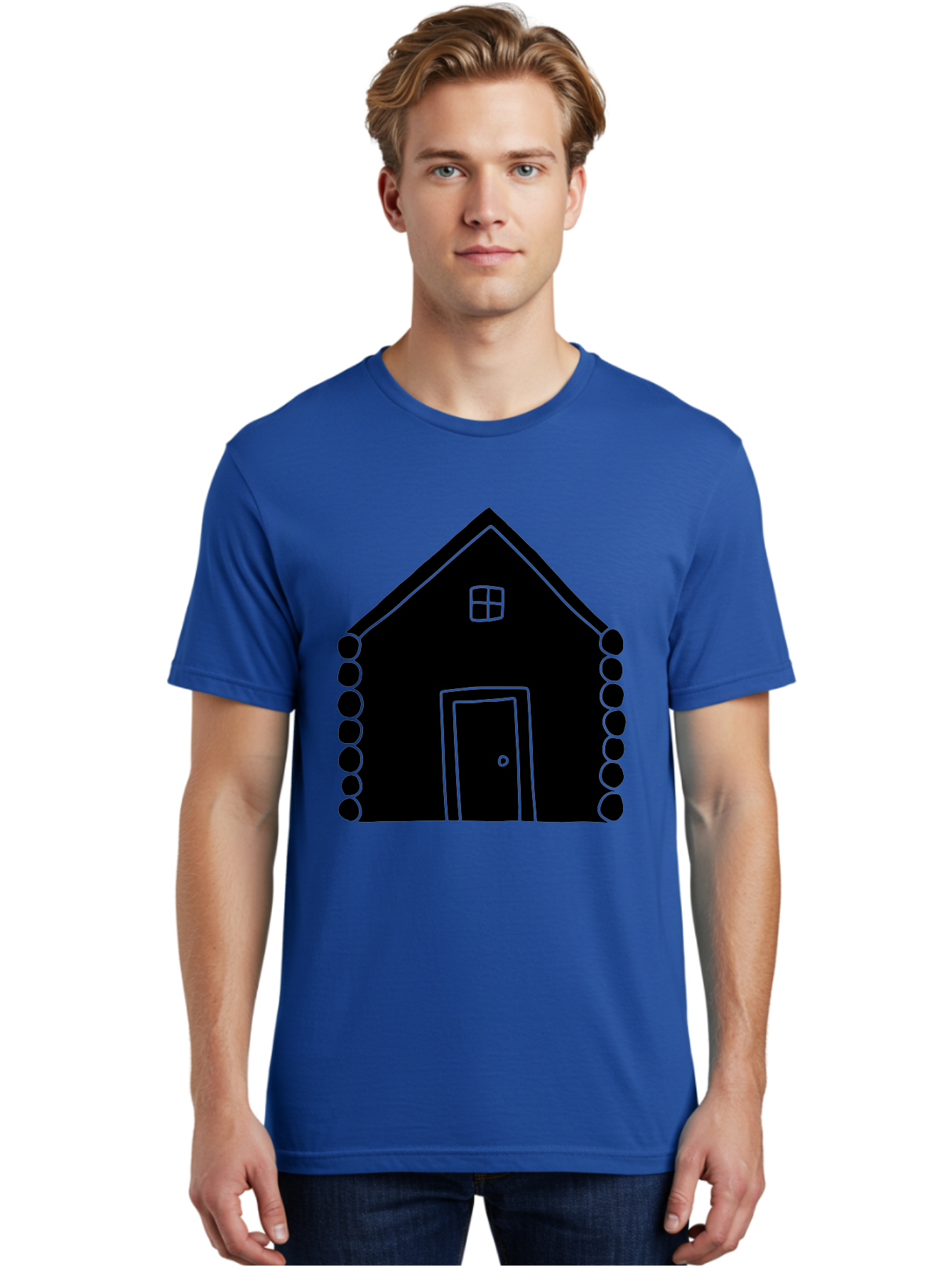 Log-Cabin Men'S Graphic Tee, 100% Cotton, Comfortable Casual Summer Wear, Machine Washable, Simple House Design, Minimalist Architecture, House Outline, Cozy Home, Door And Window, Simple Shapes, Modern Art - Aaa602