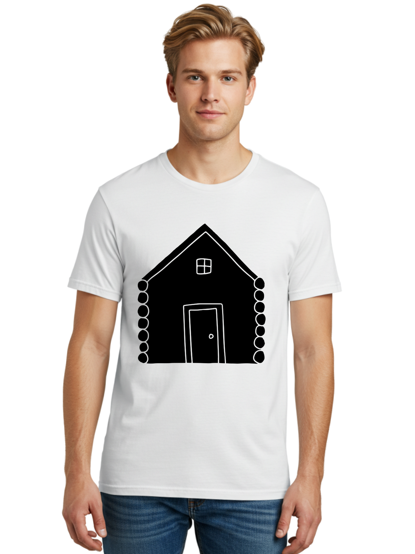 Log-Cabin Men'S Graphic Tee, 100% Cotton, Comfortable Casual Summer Wear, Machine Washable, Simple House Design, Minimalist Architecture, House Outline, Cozy Home, Door And Window, Simple Shapes, Modern Art - Aaa602