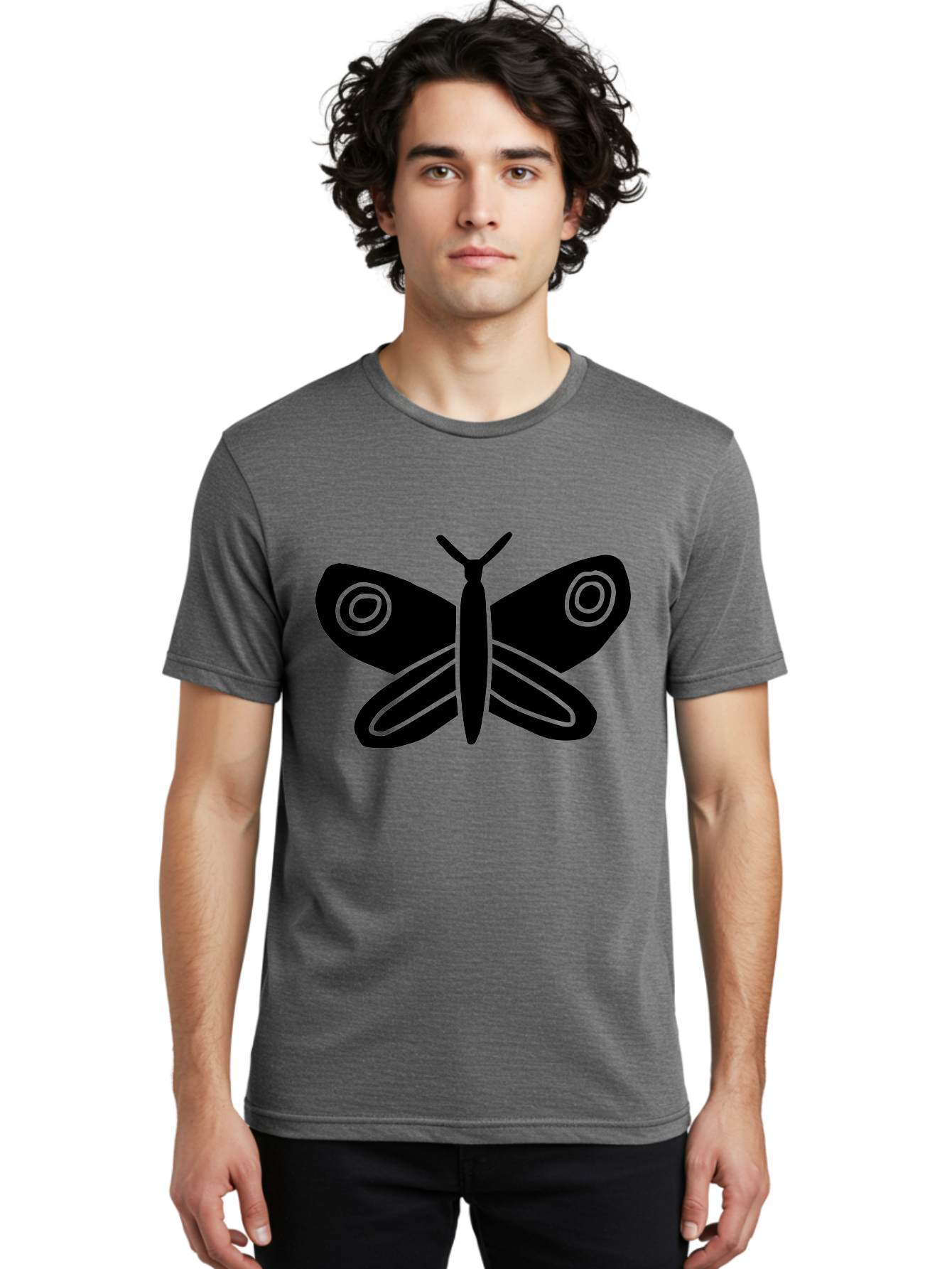 Luna-Moth Men'S Graphic Tee, 100% Cotton, Comfortable Casual Summer Wear, Machine Washable, Simple Moth Design, Minimalist Art, Black Silhouette, Green Outline, Stylized Insect, Modern Graphic, Wing Pattern, Nature Inspiration - Aaa604