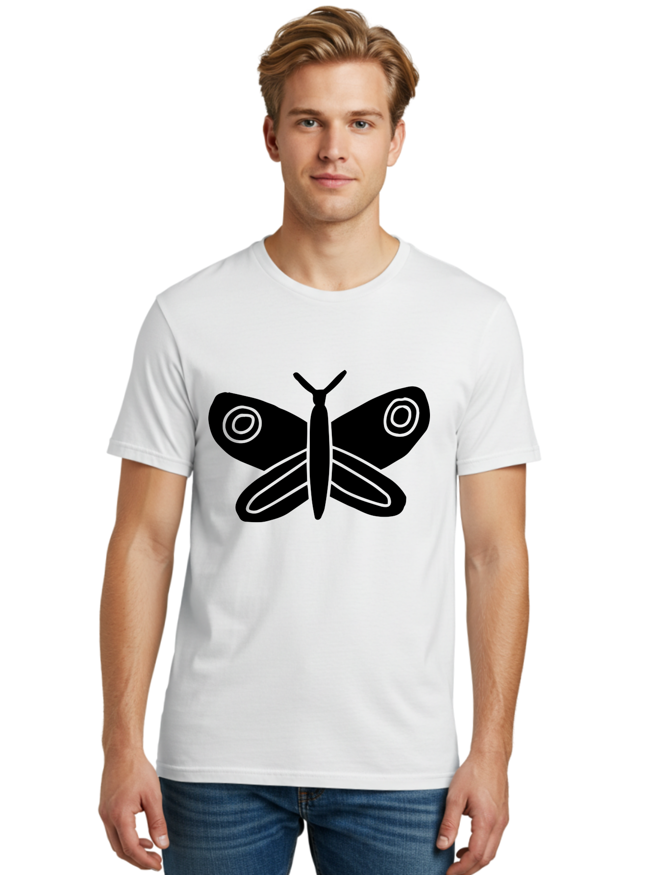 Luna-Moth Men'S Graphic Tee, 100% Cotton, Comfortable Casual Summer Wear, Machine Washable, Simple Moth Design, Minimalist Art, Black Silhouette, Green Outline, Stylized Insect, Modern Graphic, Wing Pattern, Nature Inspiration - Aaa604