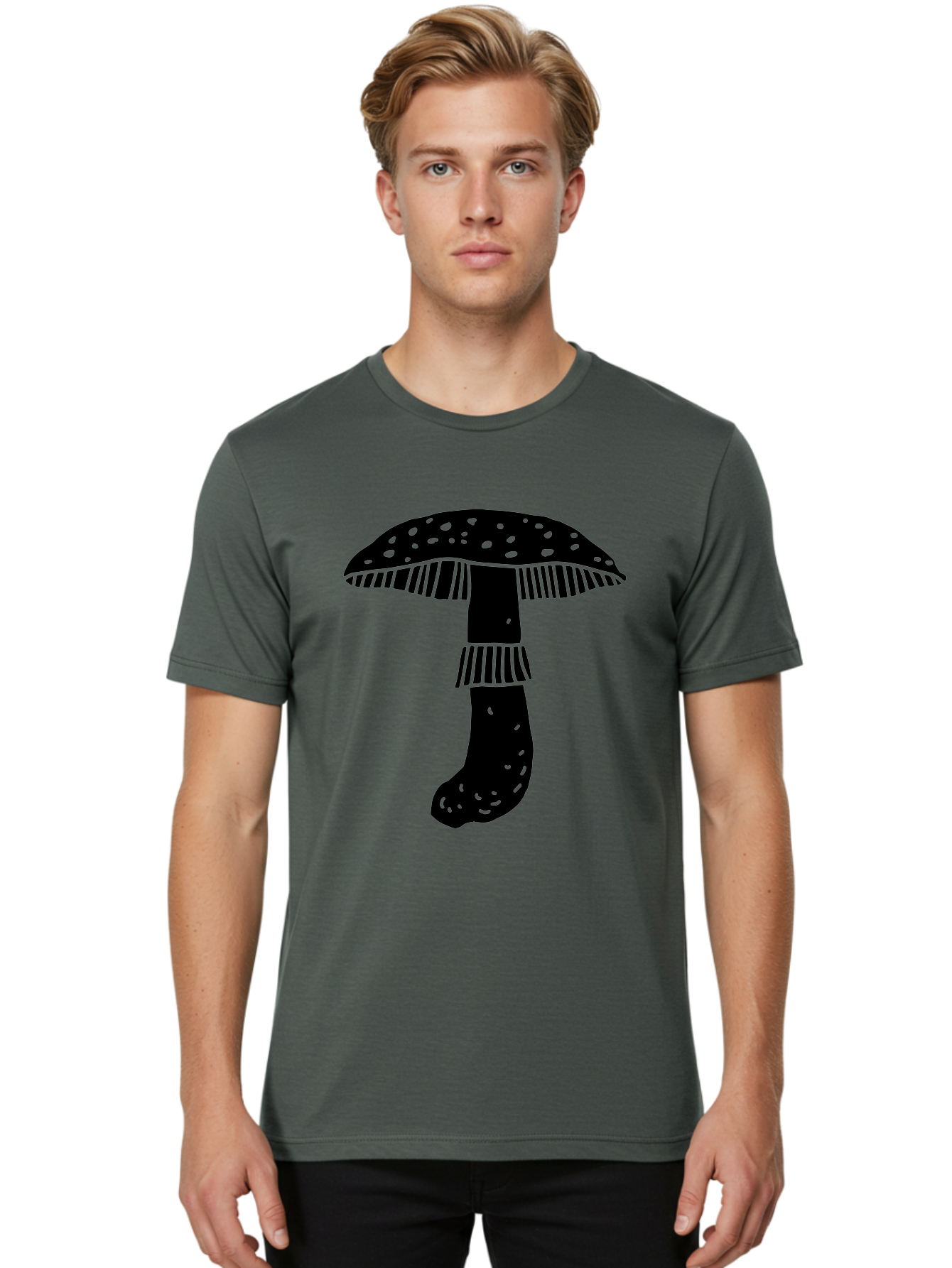 Mushroom-1 Men'S Graphic Tee, 100% Cotton, Comfortable Casual Summer Wear, Machine Washable, Mushroom Illustration, Black Silhouette, Spotted Cap, Striped Stem, Fungal Art, Whimsical Design, Fantasy Elements, Graphic Design - Aaa605