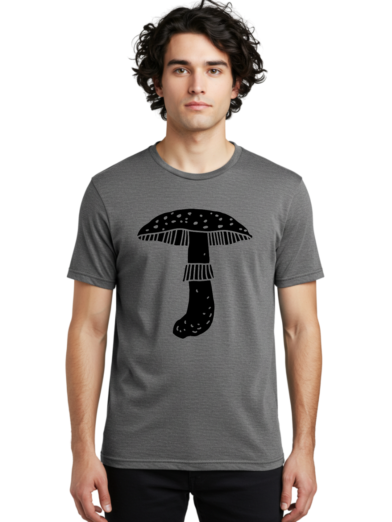 Mushroom-1 Men'S Graphic Tee, 100% Cotton, Comfortable Casual Summer Wear, Machine Washable, Mushroom Illustration, Black Silhouette, Spotted Cap, Striped Stem, Fungal Art, Whimsical Design, Fantasy Elements, Graphic Design - Aaa605