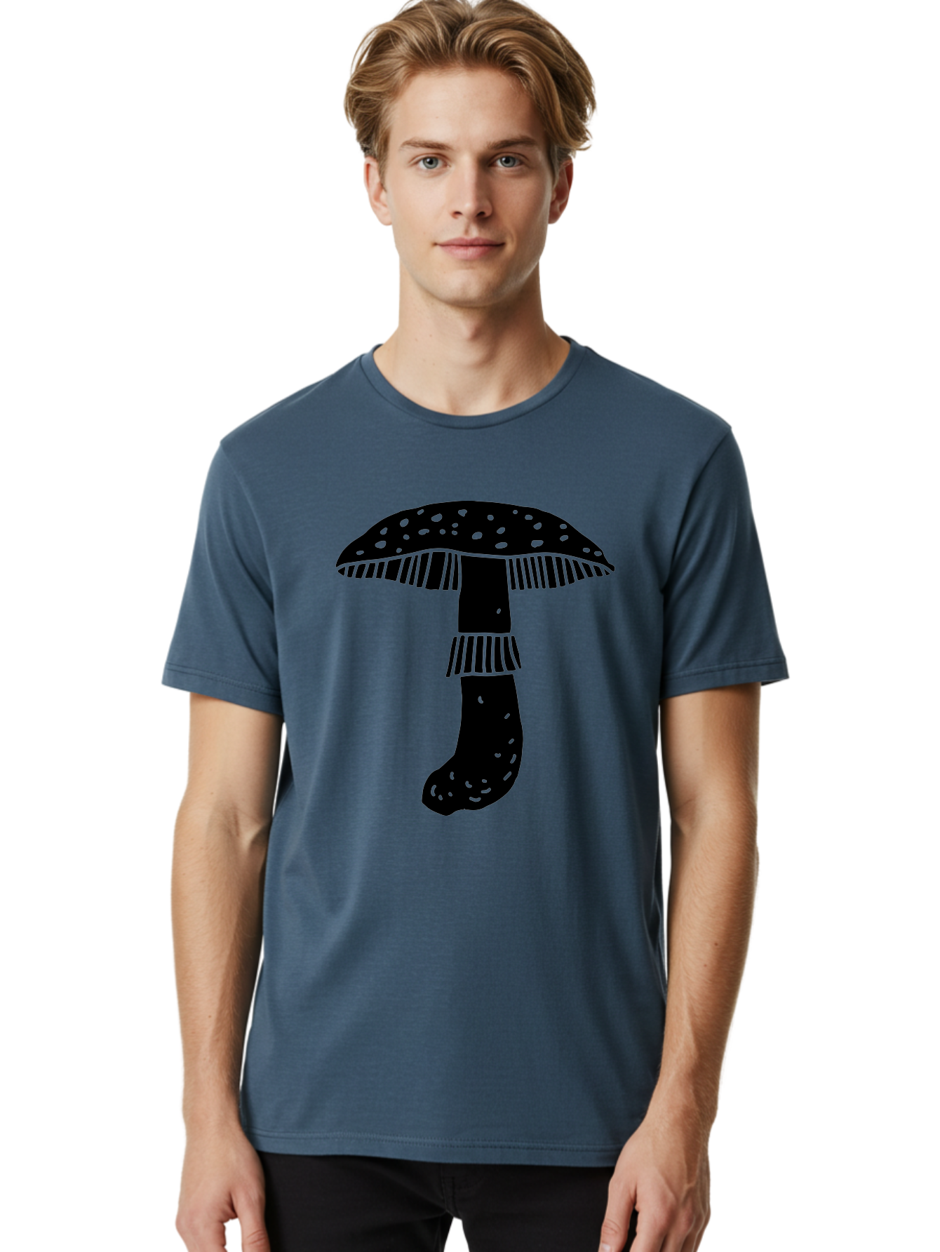 Mushroom-1 Men'S Graphic Tee, 100% Cotton, Comfortable Casual Summer Wear, Machine Washable, Mushroom Illustration, Black Silhouette, Spotted Cap, Striped Stem, Fungal Art, Whimsical Design, Fantasy Elements, Graphic Design - Aaa605