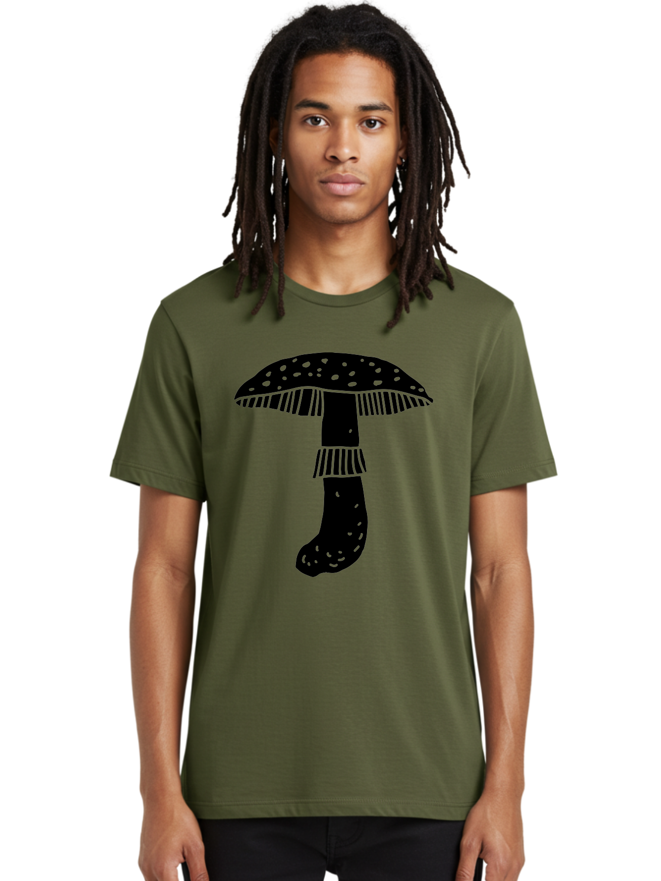 Mushroom-1 Men'S Graphic Tee, 100% Cotton, Comfortable Casual Summer Wear, Machine Washable, Mushroom Illustration, Black Silhouette, Spotted Cap, Striped Stem, Fungal Art, Whimsical Design, Fantasy Elements, Graphic Design - Aaa605