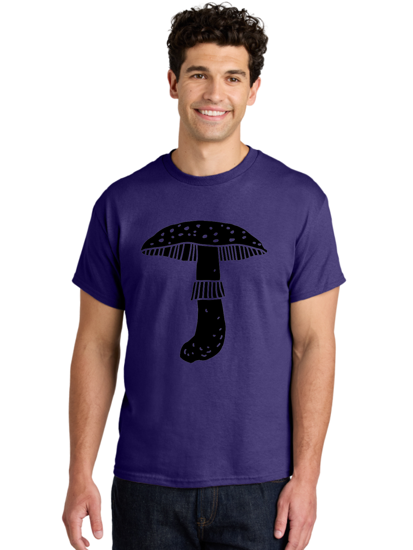 Mushroom-1 Men'S Graphic Tee, 100% Cotton, Comfortable Casual Summer Wear, Machine Washable, Mushroom Illustration, Black Silhouette, Spotted Cap, Striped Stem, Fungal Art, Whimsical Design, Fantasy Elements, Graphic Design - Aaa605