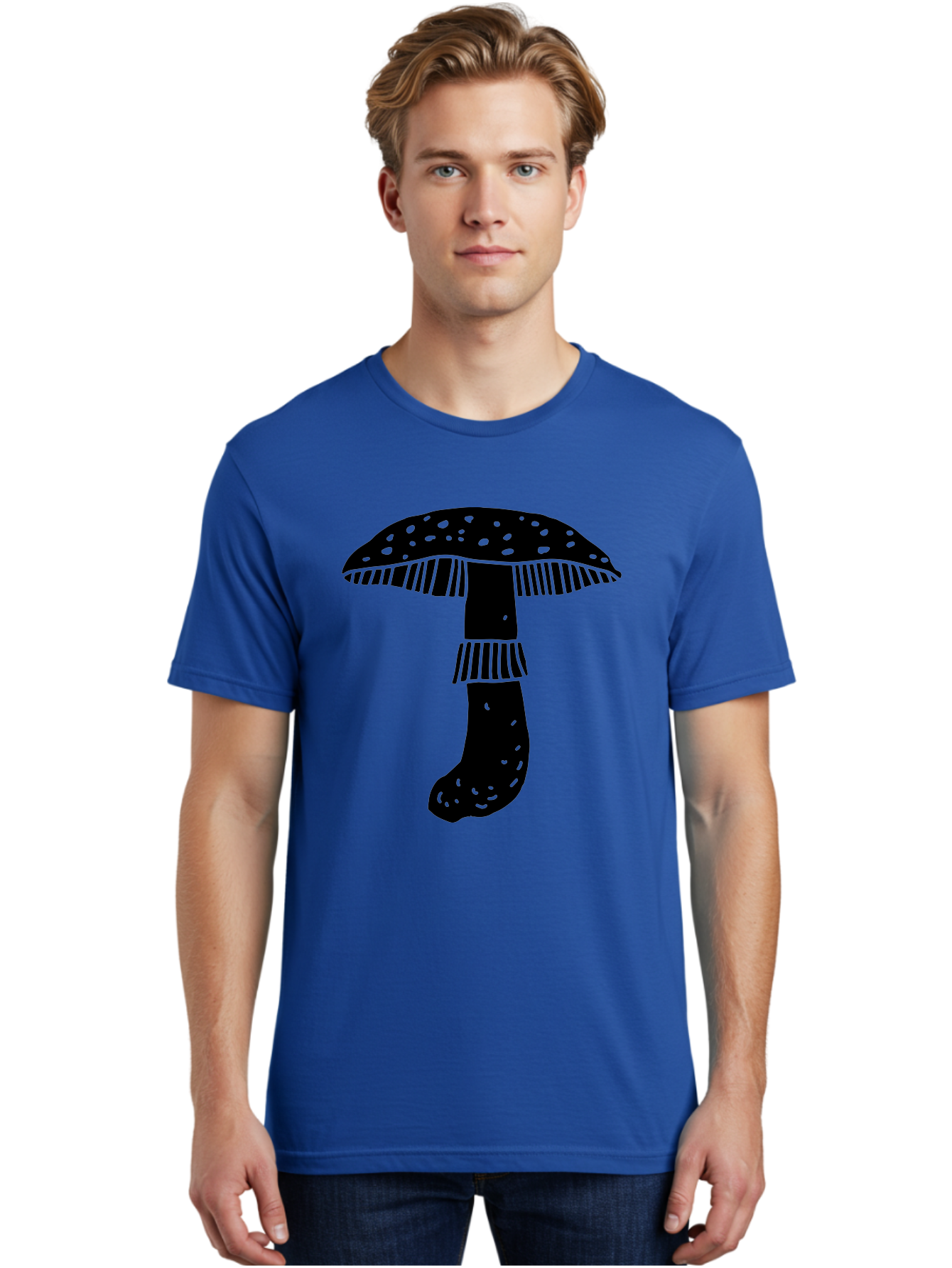 Mushroom-1 Men'S Graphic Tee, 100% Cotton, Comfortable Casual Summer Wear, Machine Washable, Mushroom Illustration, Black Silhouette, Spotted Cap, Striped Stem, Fungal Art, Whimsical Design, Fantasy Elements, Graphic Design - Aaa605