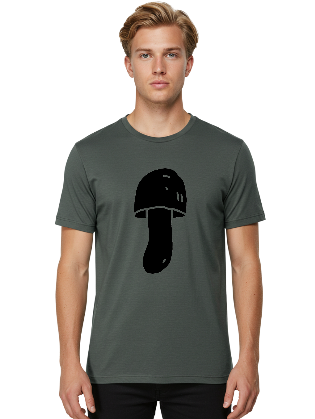 Mushroom-Graphic Men'S Graphic Tee, 100% Cotton, Comfortable Casual Summer Wear, Machine Washable, Mushroom Silhouette, Simple Design, Minimalist Art, Fungal Icon, Black And Green, Nature Symbol - Aaa606