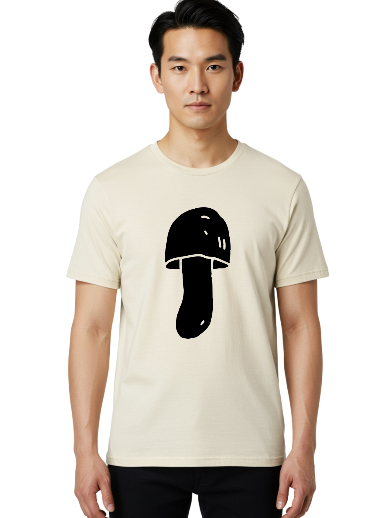 Mushroom-Graphic Men'S Graphic Tee, 100% Cotton, Comfortable Casual Summer Wear, Machine Washable, Mushroom Silhouette, Simple Design, Minimalist Art, Fungal Icon, Black And Green, Nature Symbol - Aaa606