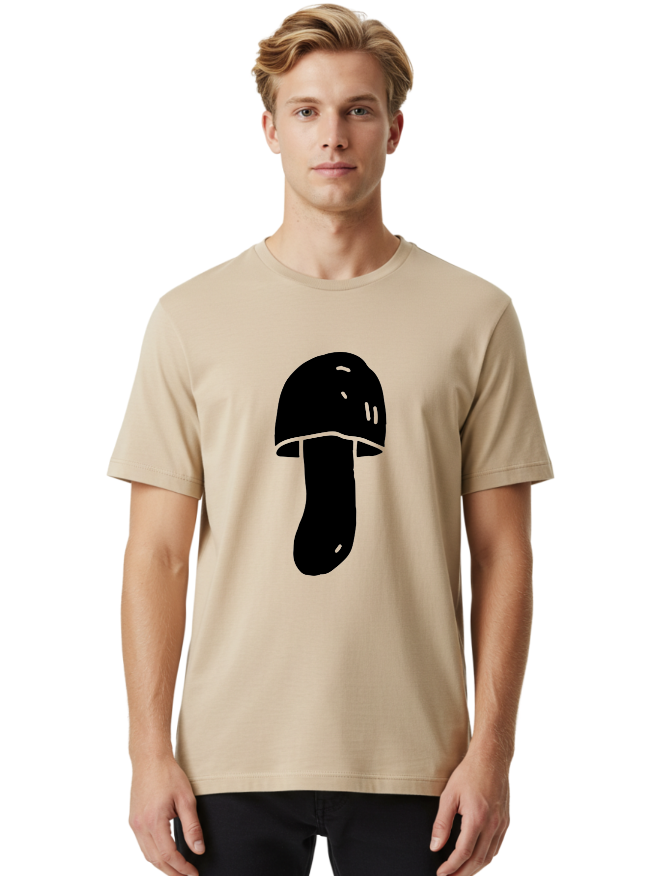 Mushroom-Graphic Men'S Graphic Tee, 100% Cotton, Comfortable Casual Summer Wear, Machine Washable, Mushroom Silhouette, Simple Design, Minimalist Art, Fungal Icon, Black And Green, Nature Symbol - Aaa606
