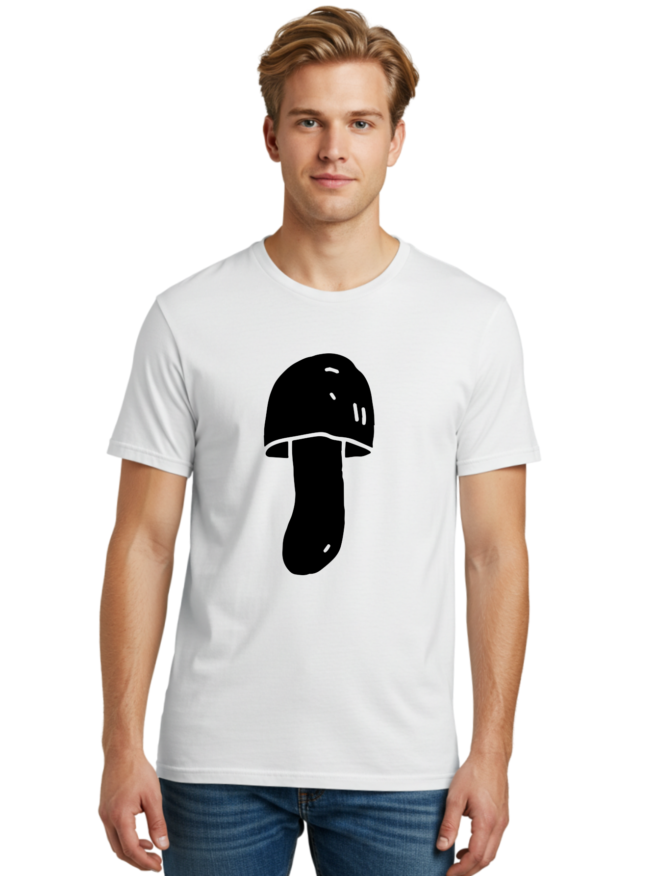 Mushroom-Graphic Men'S Graphic Tee, 100% Cotton, Comfortable Casual Summer Wear, Machine Washable, Mushroom Silhouette, Simple Design, Minimalist Art, Fungal Icon, Black And Green, Nature Symbol - Aaa606