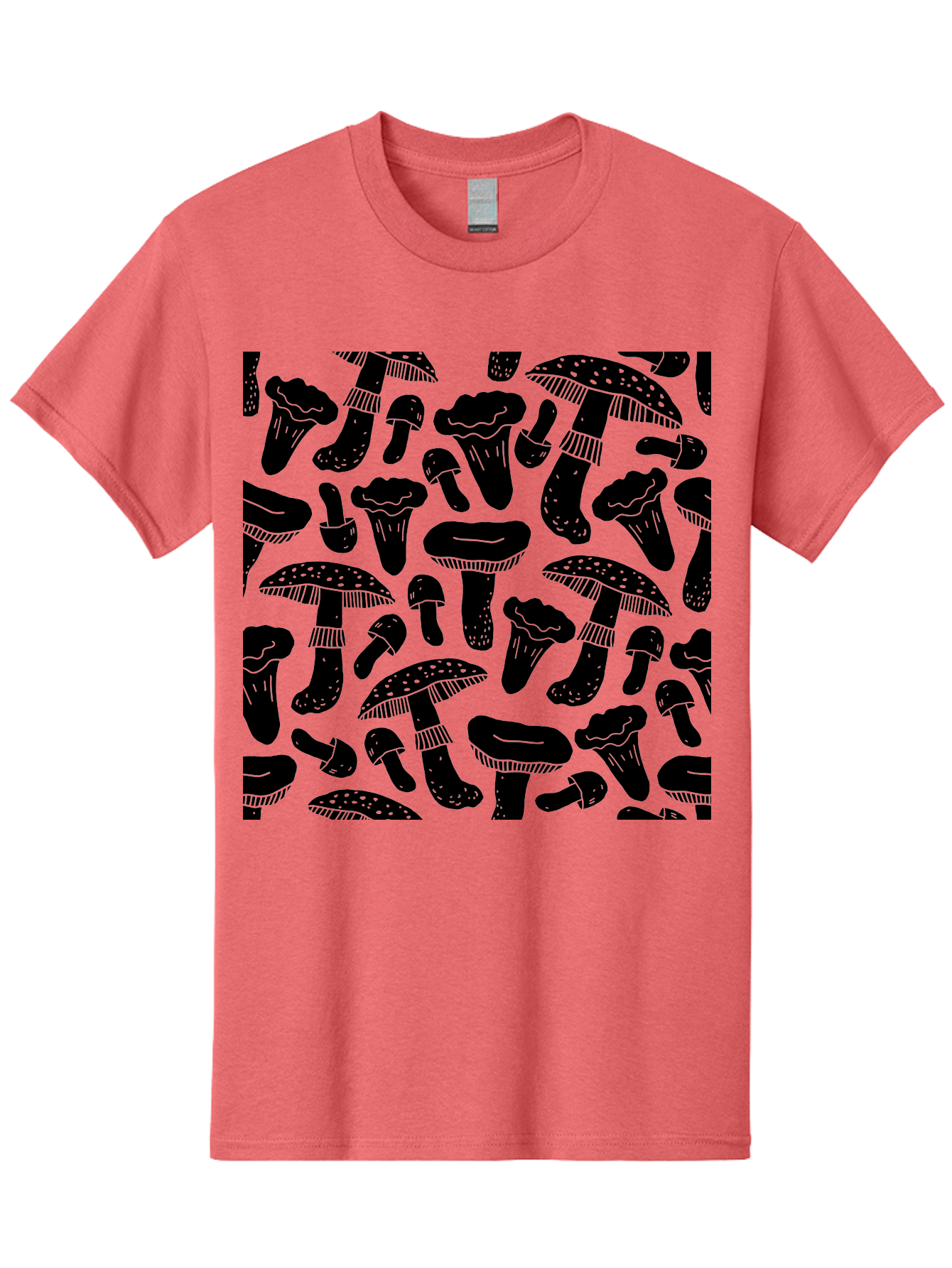 Mushroom-Pattern Men'S Graphic Tee, 100% Cotton, Comfortable Casual Summer Wear, Machine Washable, Mushroom Patterns, Fantasy Fungi, Black Silhouettes, Detailed Illustrations, Whimsical Design, Stylized Mushrooms, Nature-Inspired Art, - Aaa607