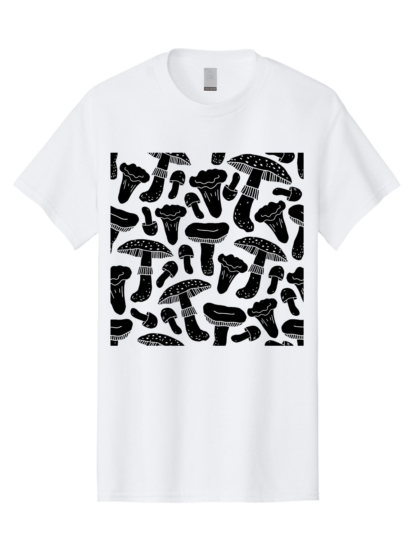 Mushroom-Pattern Men'S Graphic Tee, 100% Cotton, Comfortable Casual Summer Wear, Machine Washable, Mushroom Patterns, Fantasy Fungi, Black Silhouettes, Detailed Illustrations, Whimsical Design, Stylized Mushrooms, Nature-Inspired Art, - Aaa607