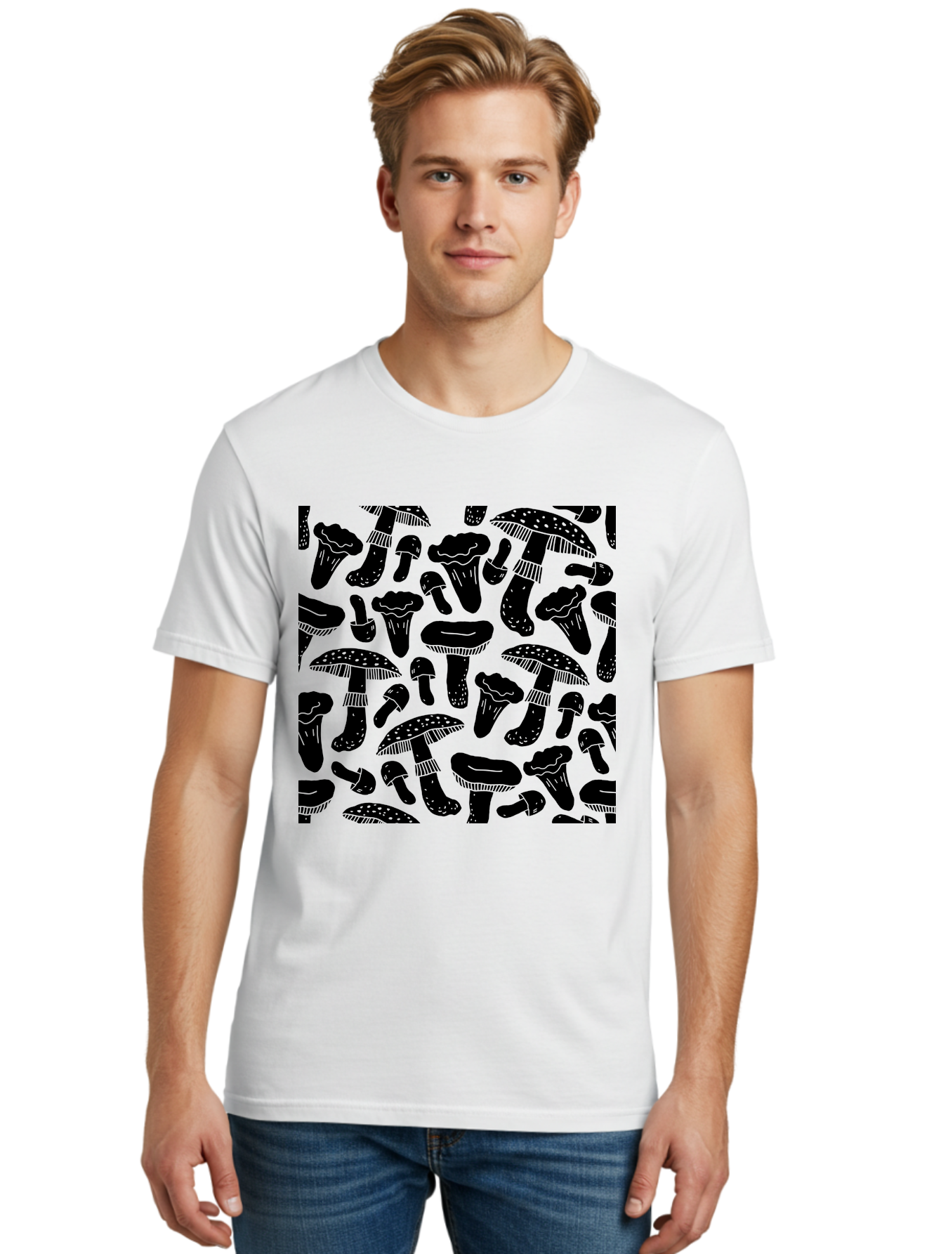 Mushroom-Pattern Men'S Graphic Tee, 100% Cotton, Comfortable Casual Summer Wear, Machine Washable, Mushroom Patterns, Fantasy Fungi, Black Silhouettes, Detailed Illustrations, Whimsical Design, Stylized Mushrooms, Nature-Inspired Art, - Aaa607