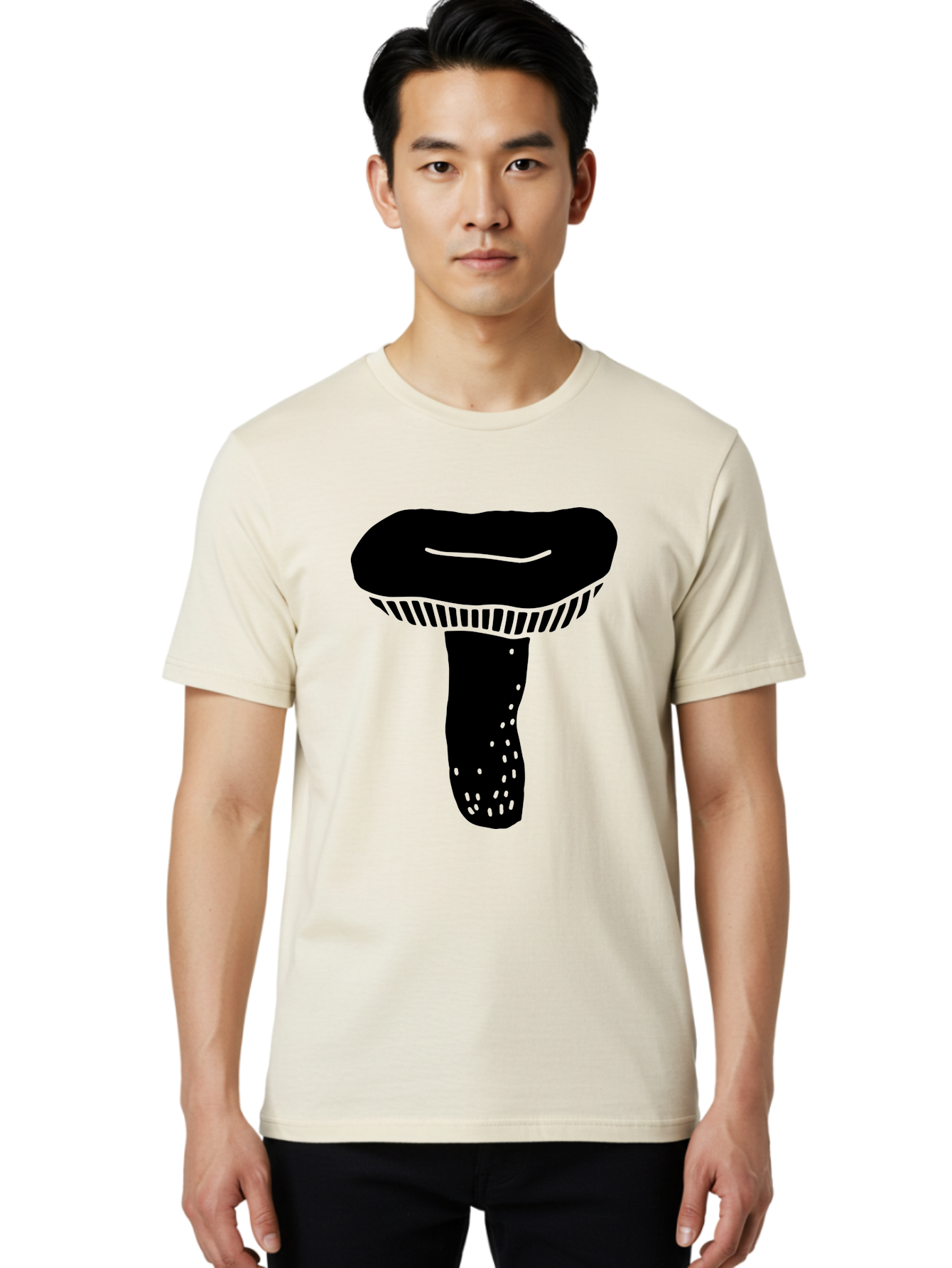 Mushroom Men'S Graphic Tee, 100% Cotton, Comfortable Casual Summer Wear, Machine Washable, Black Mushroom, Simple Design, Minimalist Art, Fungal Illustration, Stylized Fungus, Green Accents, Abstract Shape, Modern Graphics, - Aaa608