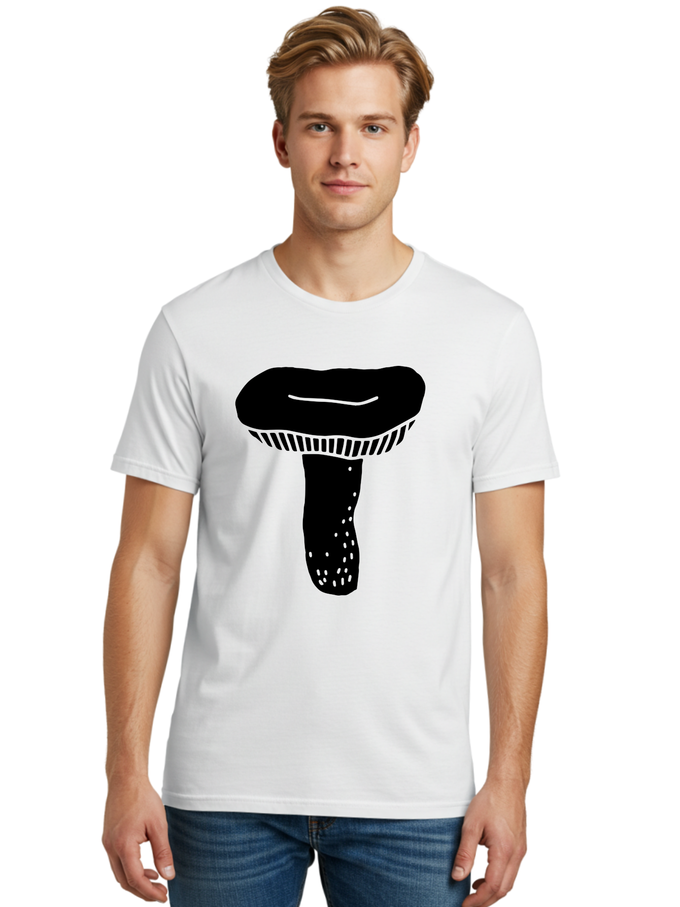 Mushroom Men'S Graphic Tee, 100% Cotton, Comfortable Casual Summer Wear, Machine Washable, Black Mushroom, Simple Design, Minimalist Art, Fungal Illustration, Stylized Fungus, Green Accents, Abstract Shape, Modern Graphics, - Aaa608