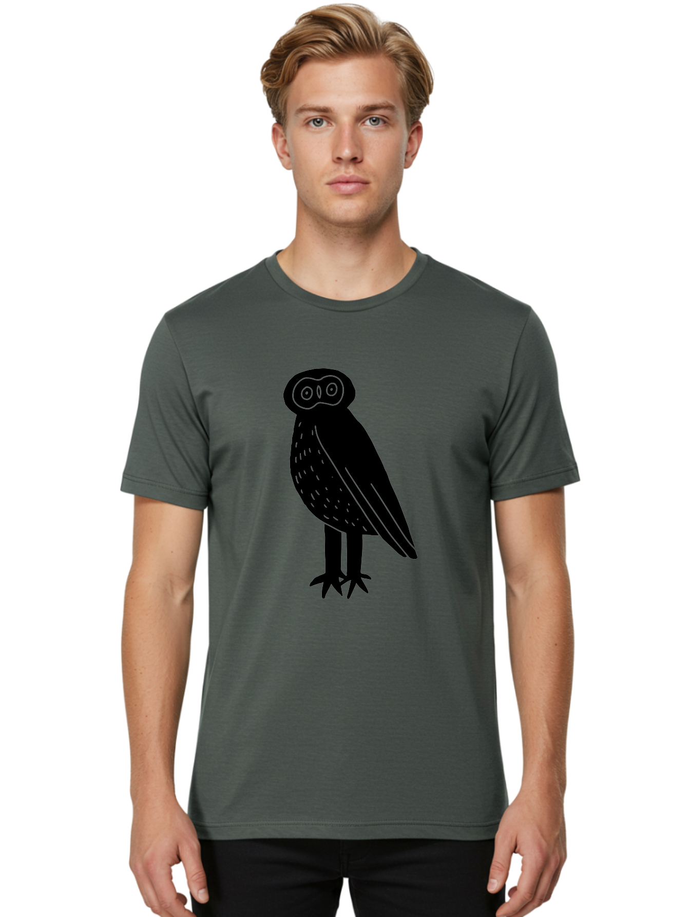 Owl Men'S Graphic Tee, 100% Cotton, Comfortable Casual Summer Wear, Machine Washable, Owl Silhouette, Minimalist Design, Simple Art, Black And Green, Wildlife Illustration, Nocturnal Bird, Abstract Owl - Aaa609