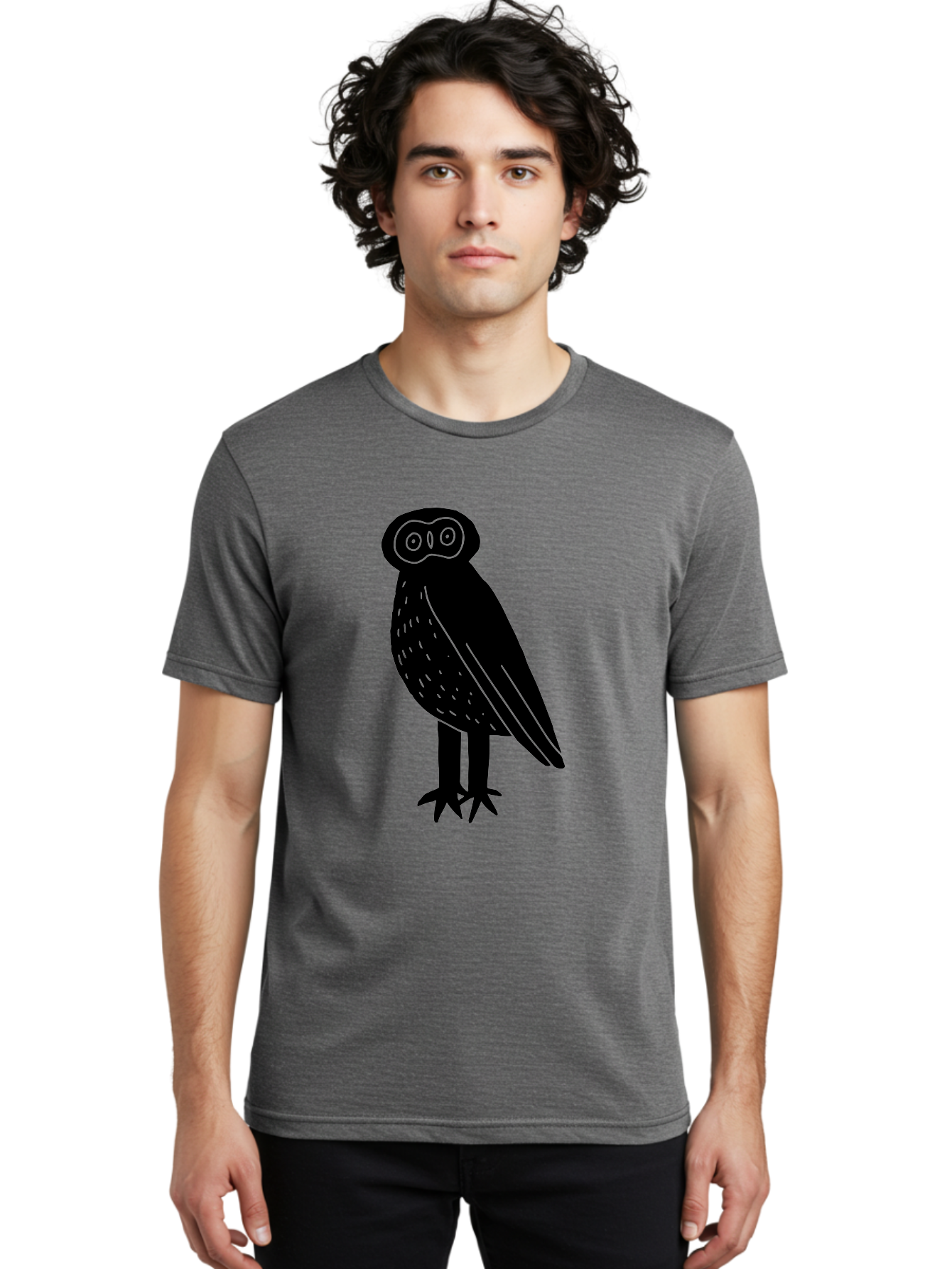 Owl Men'S Graphic Tee, 100% Cotton, Comfortable Casual Summer Wear, Machine Washable, Owl Silhouette, Minimalist Design, Simple Art, Black And Green, Wildlife Illustration, Nocturnal Bird, Abstract Owl - Aaa609