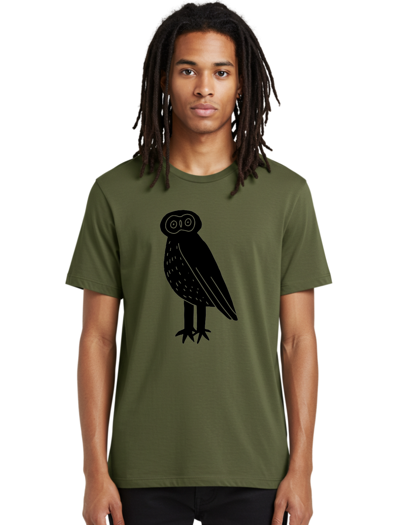 Owl Men'S Graphic Tee, 100% Cotton, Comfortable Casual Summer Wear, Machine Washable, Owl Silhouette, Minimalist Design, Simple Art, Black And Green, Wildlife Illustration, Nocturnal Bird, Abstract Owl - Aaa609