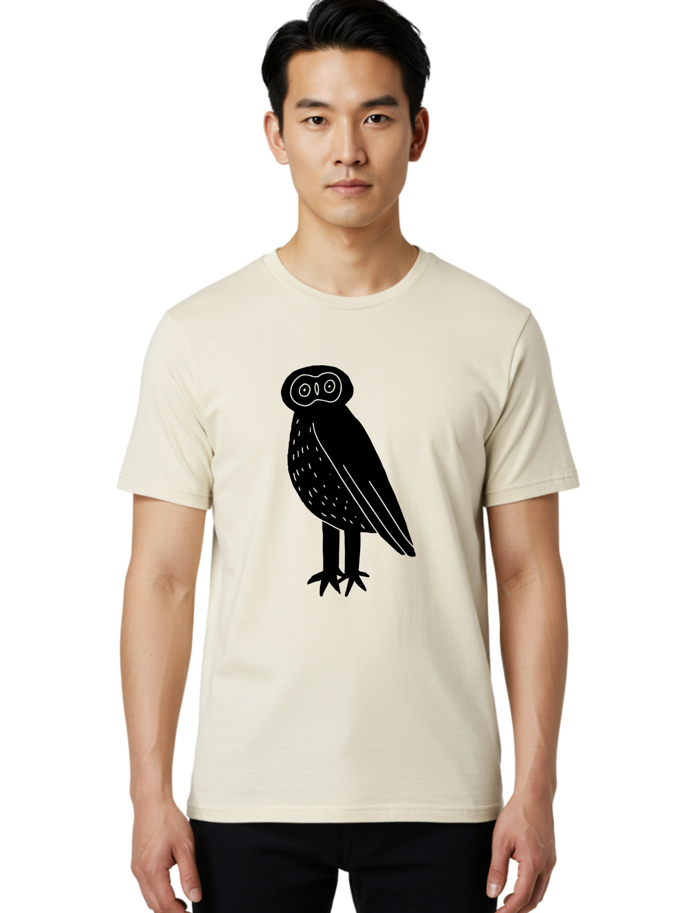 Owl Men'S Graphic Tee, 100% Cotton, Comfortable Casual Summer Wear, Machine Washable, Owl Silhouette, Minimalist Design, Simple Art, Black And Green, Wildlife Illustration, Nocturnal Bird, Abstract Owl - Aaa609