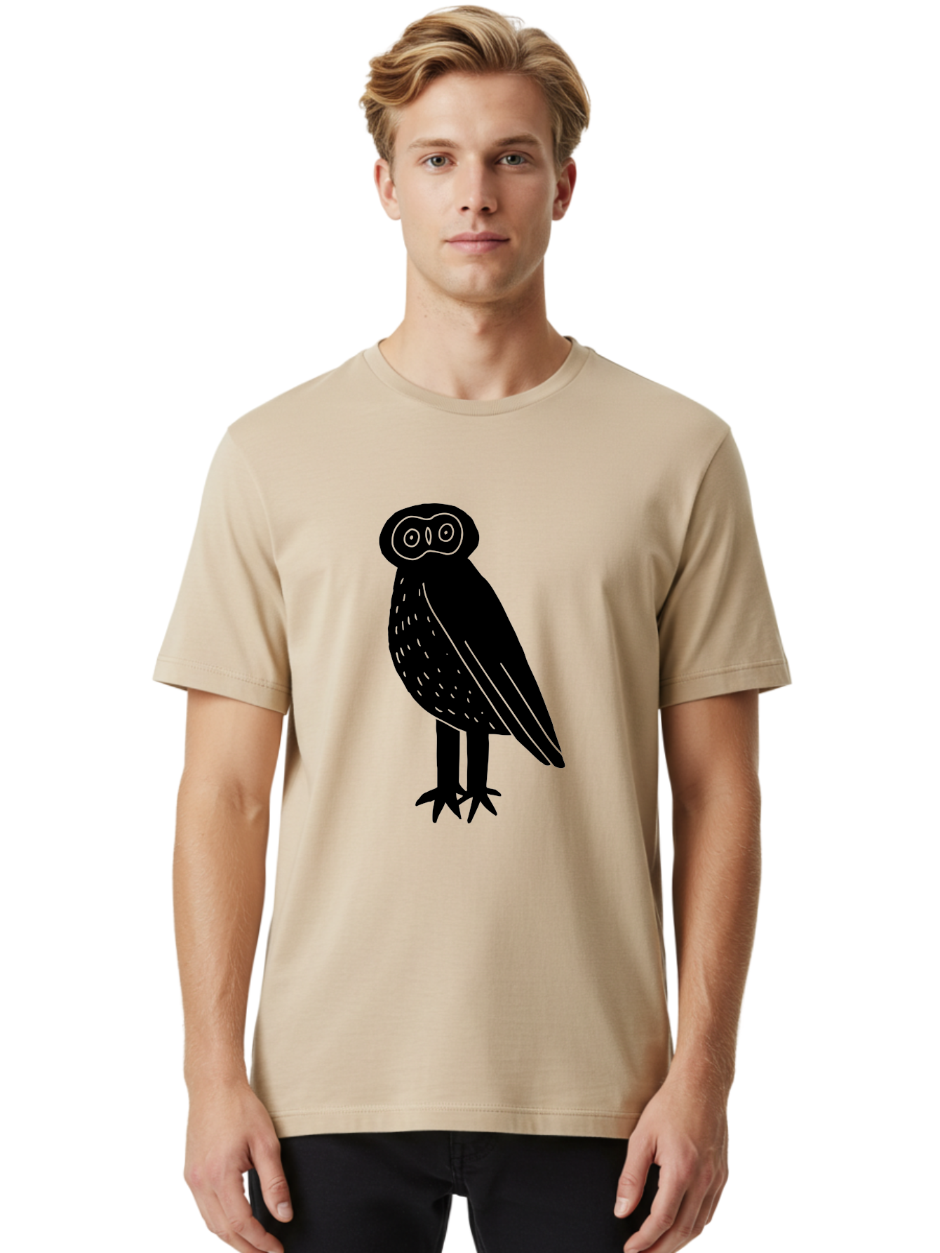Owl Men'S Graphic Tee, 100% Cotton, Comfortable Casual Summer Wear, Machine Washable, Owl Silhouette, Minimalist Design, Simple Art, Black And Green, Wildlife Illustration, Nocturnal Bird, Abstract Owl - Aaa609