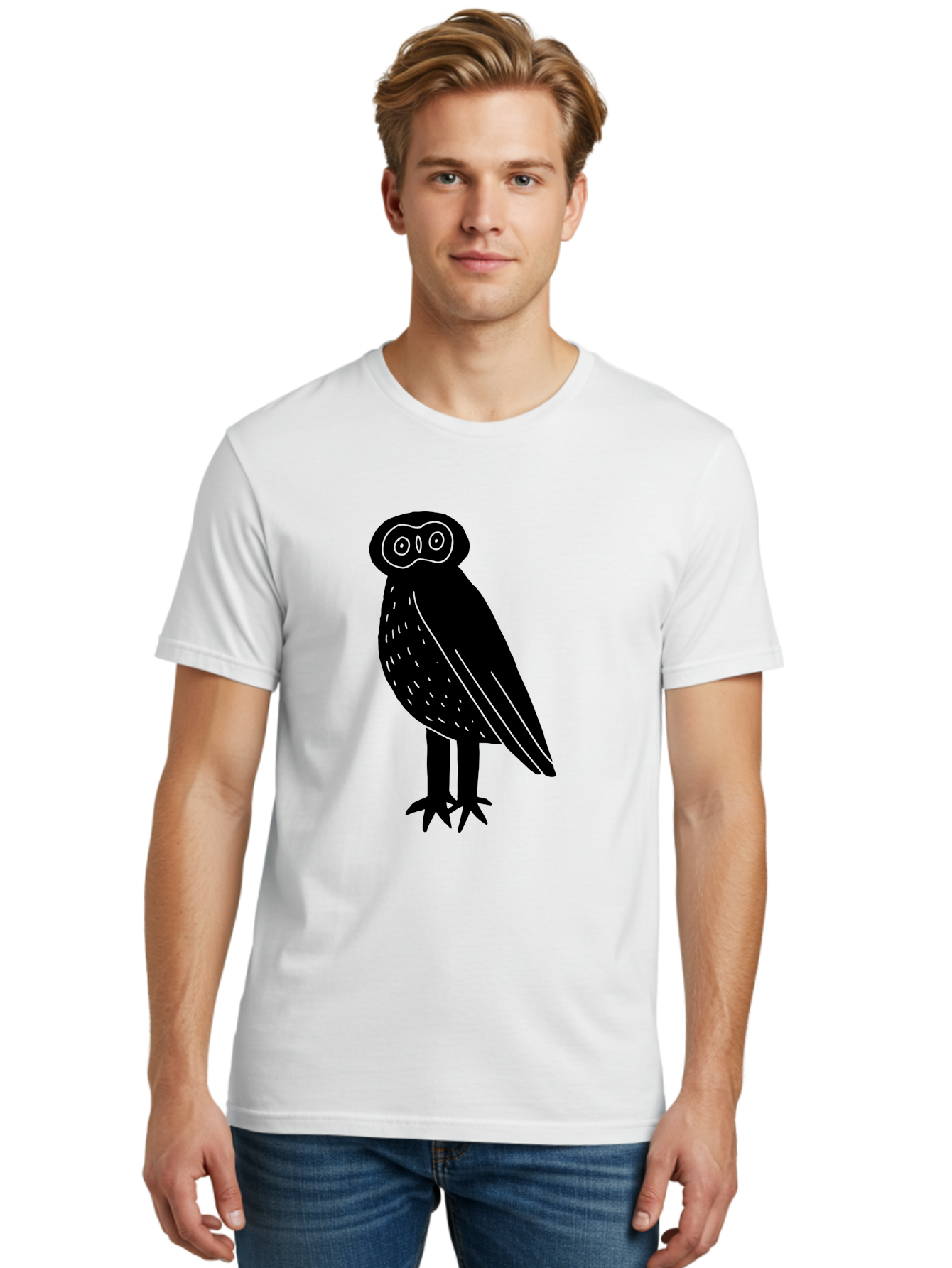 Owl Men'S Graphic Tee, 100% Cotton, Comfortable Casual Summer Wear, Machine Washable, Owl Silhouette, Minimalist Design, Simple Art, Black And Green, Wildlife Illustration, Nocturnal Bird, Abstract Owl - Aaa609