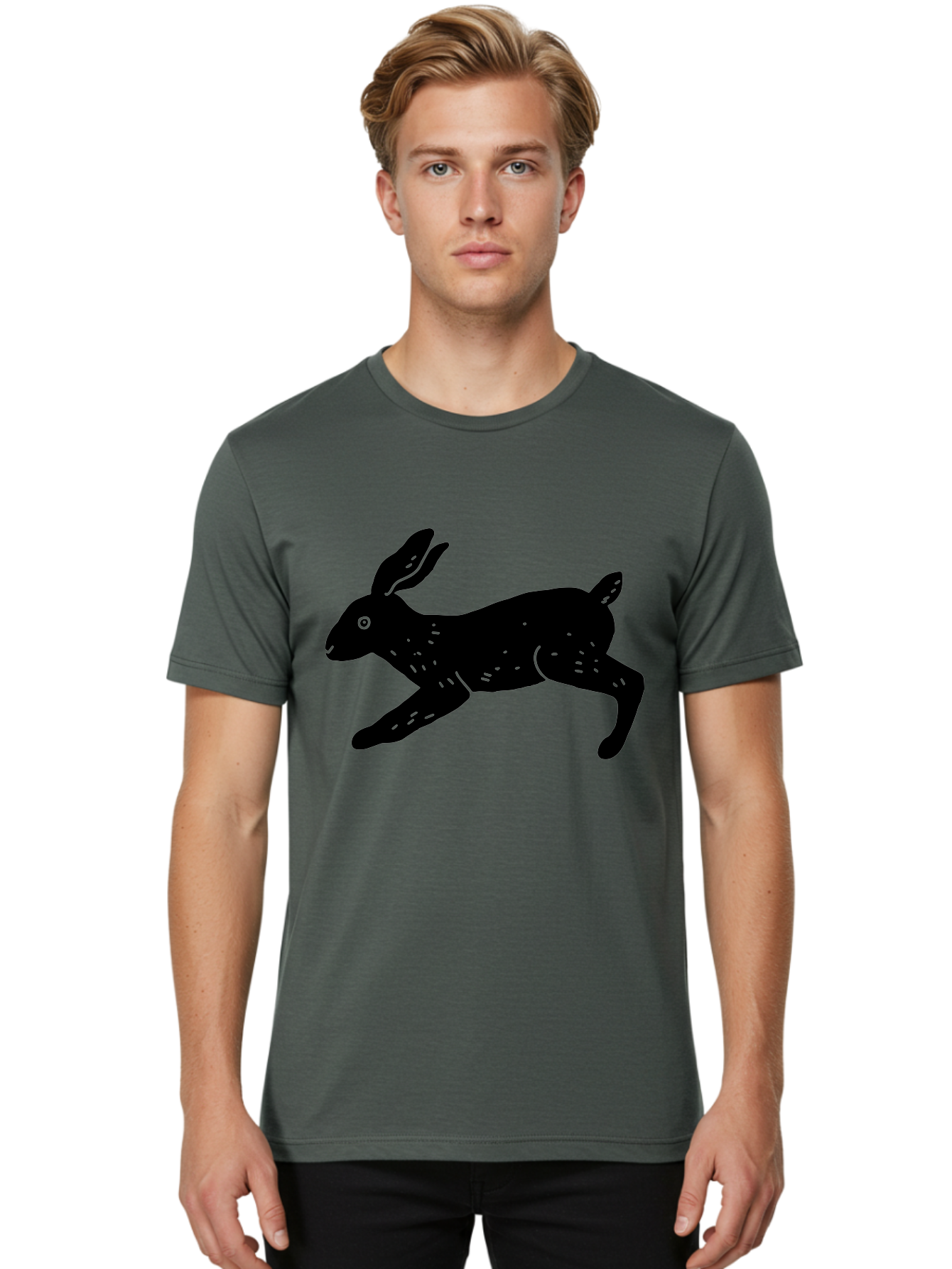 Rabbit-Silhouette Men'S Graphic Tee, 100% Cotton, Comfortable Casual Summer Wear, Machine Washable, Running Rabbit, Black Silhouette, Neon Green Accents, Dynamic Movement, Simple Design, Abstract Art, Minimalist Style, Rabbit Illustration - Aaa610