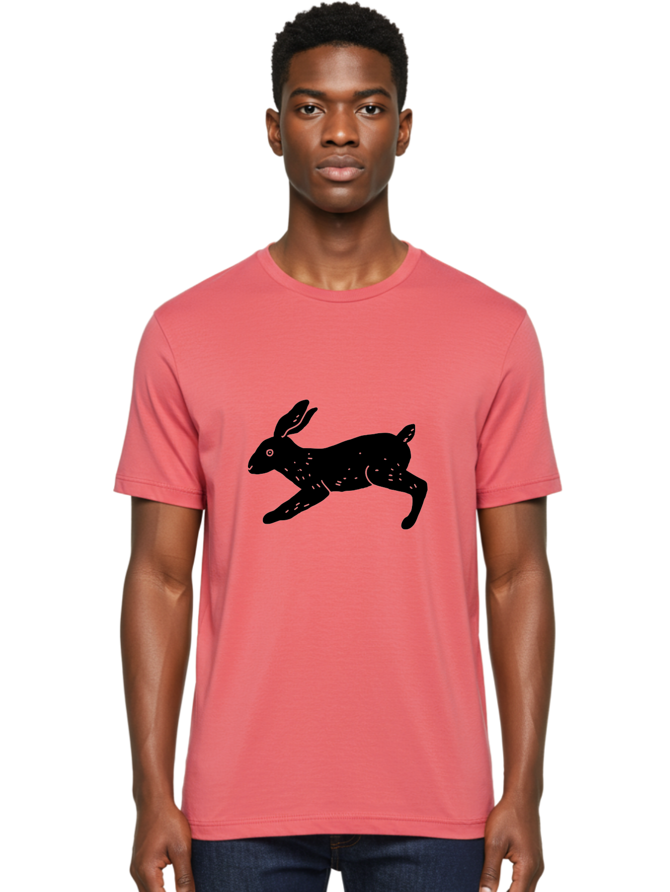 Rabbit-Silhouette Men'S Graphic Tee, 100% Cotton, Comfortable Casual Summer Wear, Machine Washable, Running Rabbit, Black Silhouette, Neon Green Accents, Dynamic Movement, Simple Design, Abstract Art, Minimalist Style, Rabbit Illustration - Aaa610