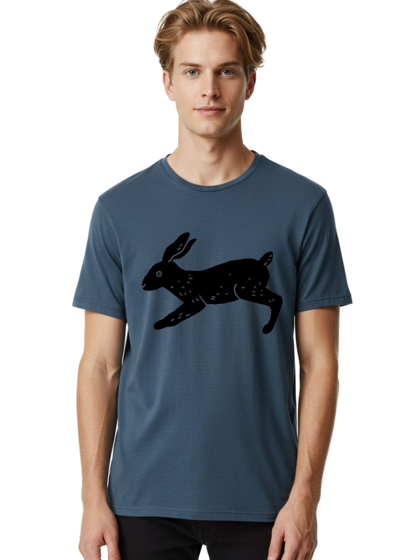 Rabbit-Silhouette Men'S Graphic Tee, 100% Cotton, Comfortable Casual Summer Wear, Machine Washable, Running Rabbit, Black Silhouette, Neon Green Accents, Dynamic Movement, Simple Design, Abstract Art, Minimalist Style, Rabbit Illustration - Aaa610