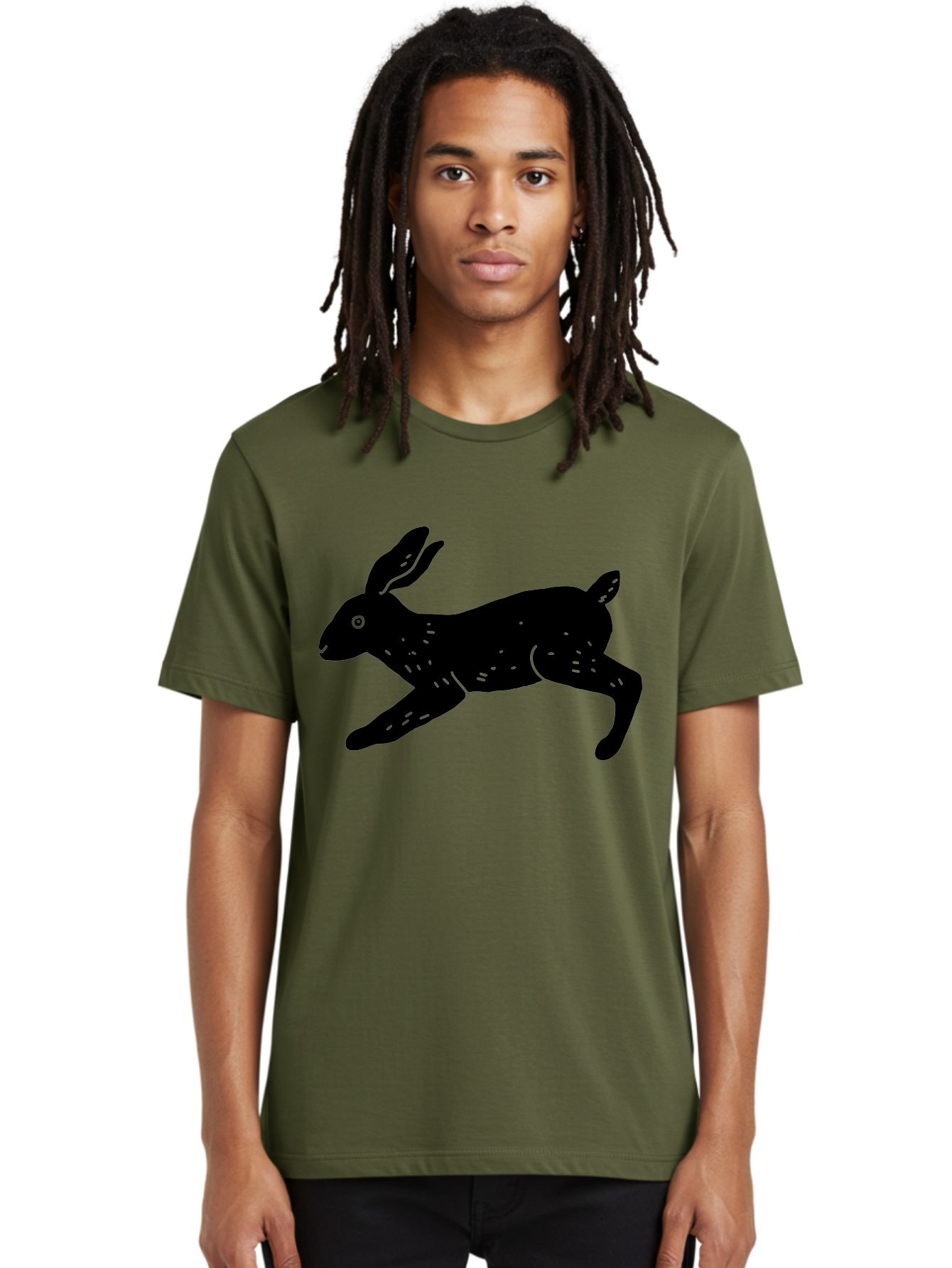 Rabbit-Silhouette Men'S Graphic Tee, 100% Cotton, Comfortable Casual Summer Wear, Machine Washable, Running Rabbit, Black Silhouette, Neon Green Accents, Dynamic Movement, Simple Design, Abstract Art, Minimalist Style, Rabbit Illustration - Aaa610