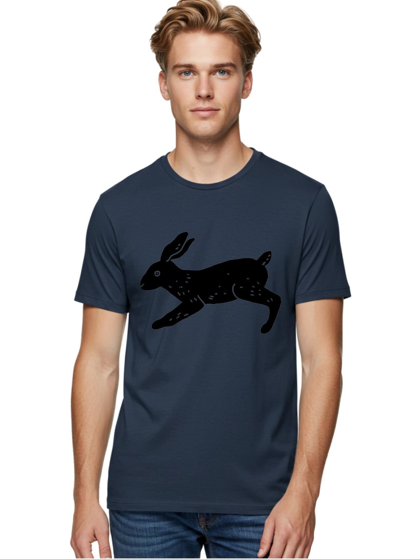 Rabbit-Silhouette Men'S Graphic Tee, 100% Cotton, Comfortable Casual Summer Wear, Machine Washable, Running Rabbit, Black Silhouette, Neon Green Accents, Dynamic Movement, Simple Design, Abstract Art, Minimalist Style, Rabbit Illustration - Aaa610