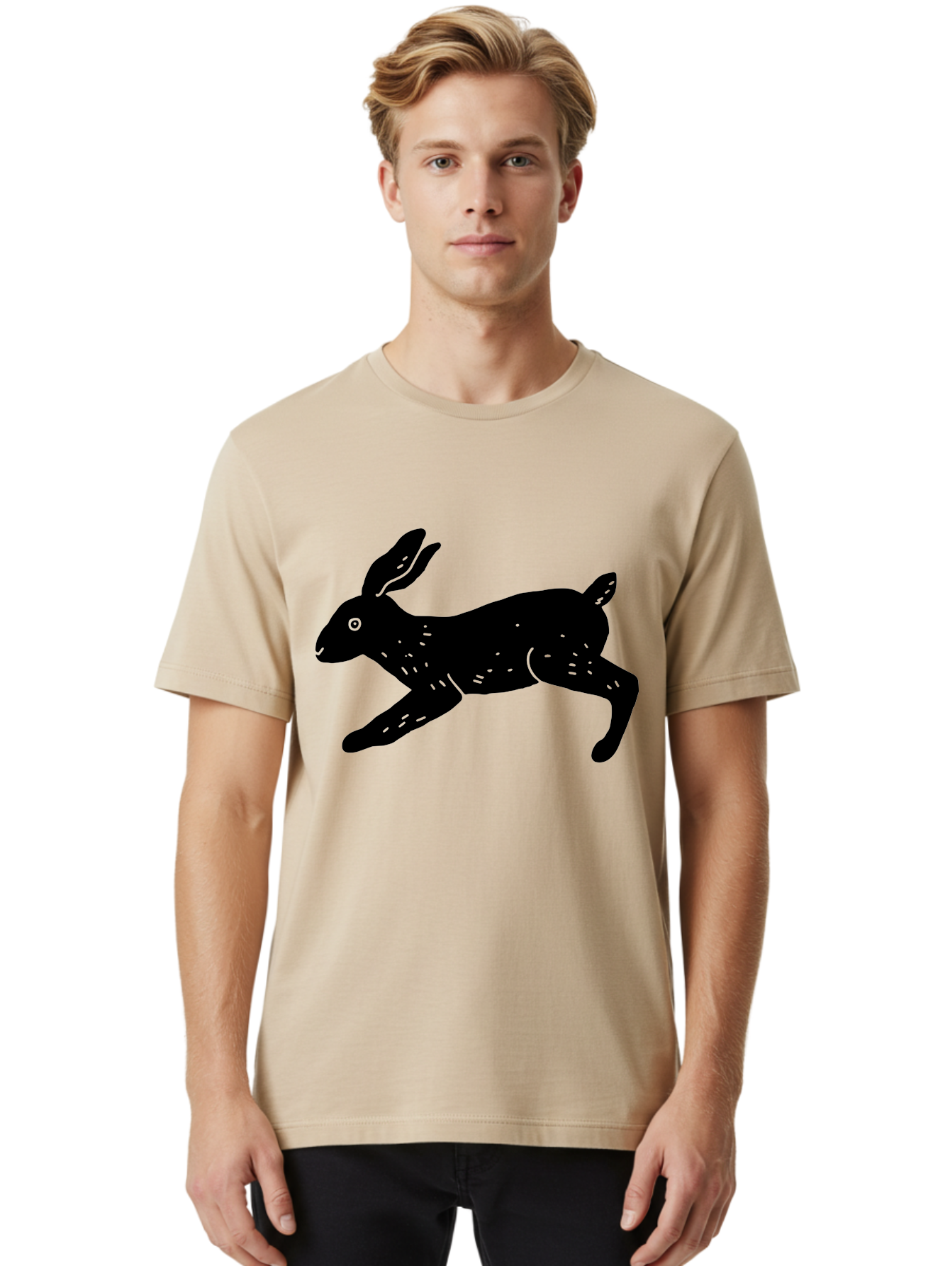 Rabbit-Silhouette Men'S Graphic Tee, 100% Cotton, Comfortable Casual Summer Wear, Machine Washable, Running Rabbit, Black Silhouette, Neon Green Accents, Dynamic Movement, Simple Design, Abstract Art, Minimalist Style, Rabbit Illustration - Aaa610