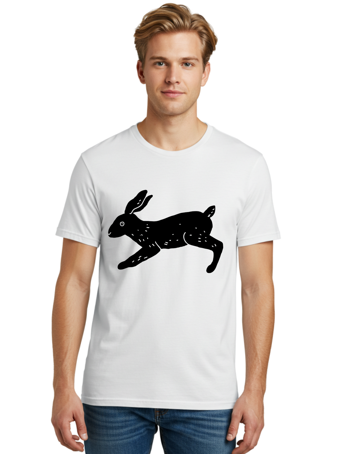 Rabbit-Silhouette Men'S Graphic Tee, 100% Cotton, Comfortable Casual Summer Wear, Machine Washable, Running Rabbit, Black Silhouette, Neon Green Accents, Dynamic Movement, Simple Design, Abstract Art, Minimalist Style, Rabbit Illustration - Aaa610