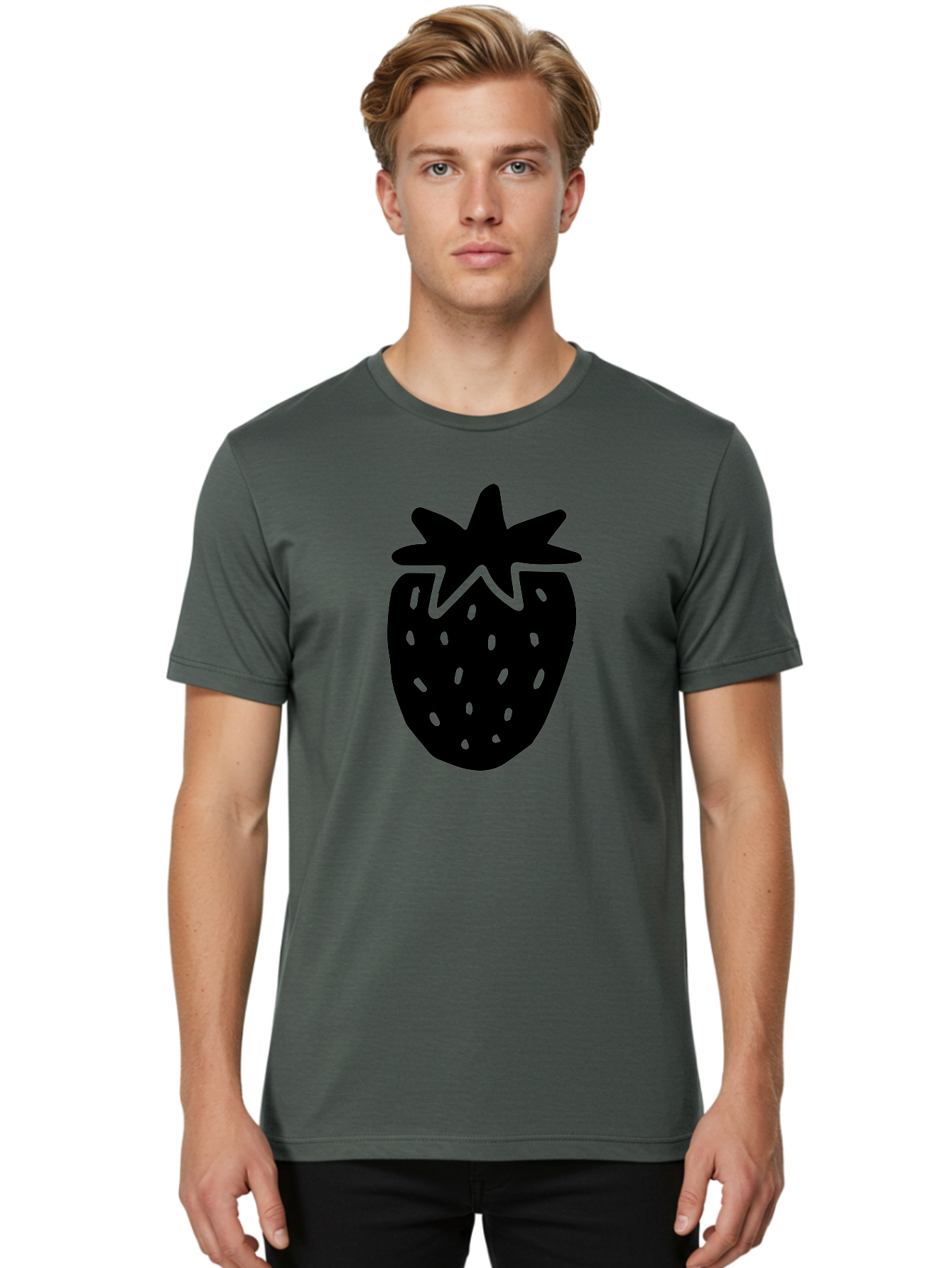 Strawberry Men'S Graphic Tee, 100% Cotton, Comfortable Casual Summer Wear, Machine Washable, Strawberry Silhouette, Simple Illustration, Strawberry Graphic, Black And Green, Fruit Icon, Summer Fruit - Aaa612