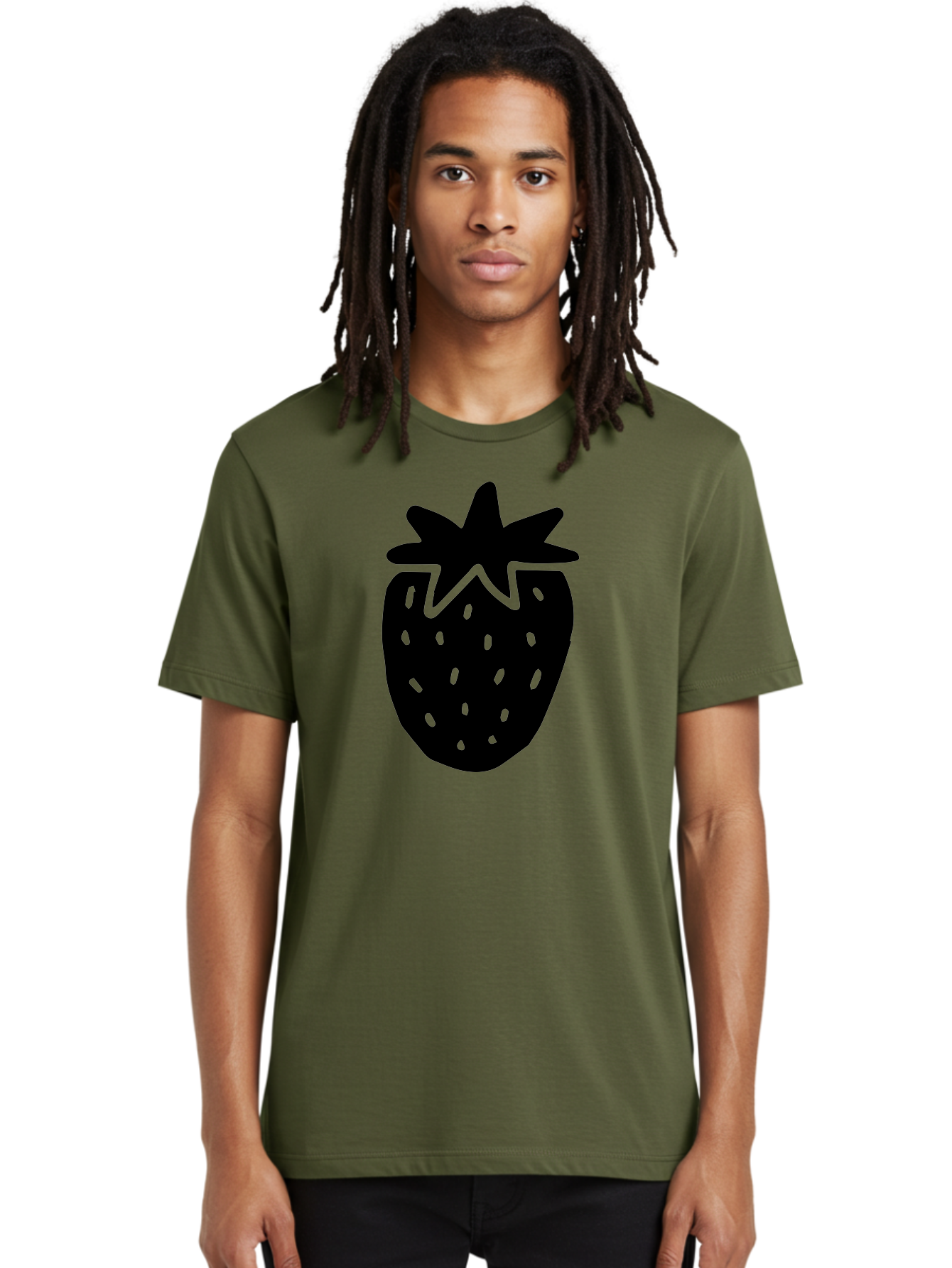 Strawberry Men'S Graphic Tee, 100% Cotton, Comfortable Casual Summer Wear, Machine Washable, Strawberry Silhouette, Simple Illustration, Strawberry Graphic, Black And Green, Fruit Icon, Summer Fruit - Aaa612