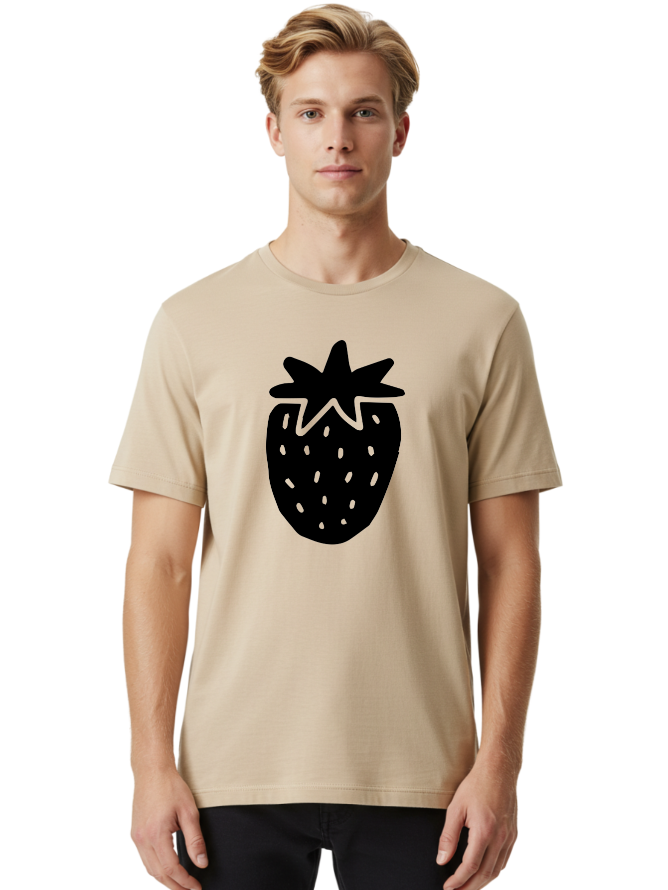 Strawberry Men'S Graphic Tee, 100% Cotton, Comfortable Casual Summer Wear, Machine Washable, Strawberry Silhouette, Simple Illustration, Strawberry Graphic, Black And Green, Fruit Icon, Summer Fruit - Aaa612