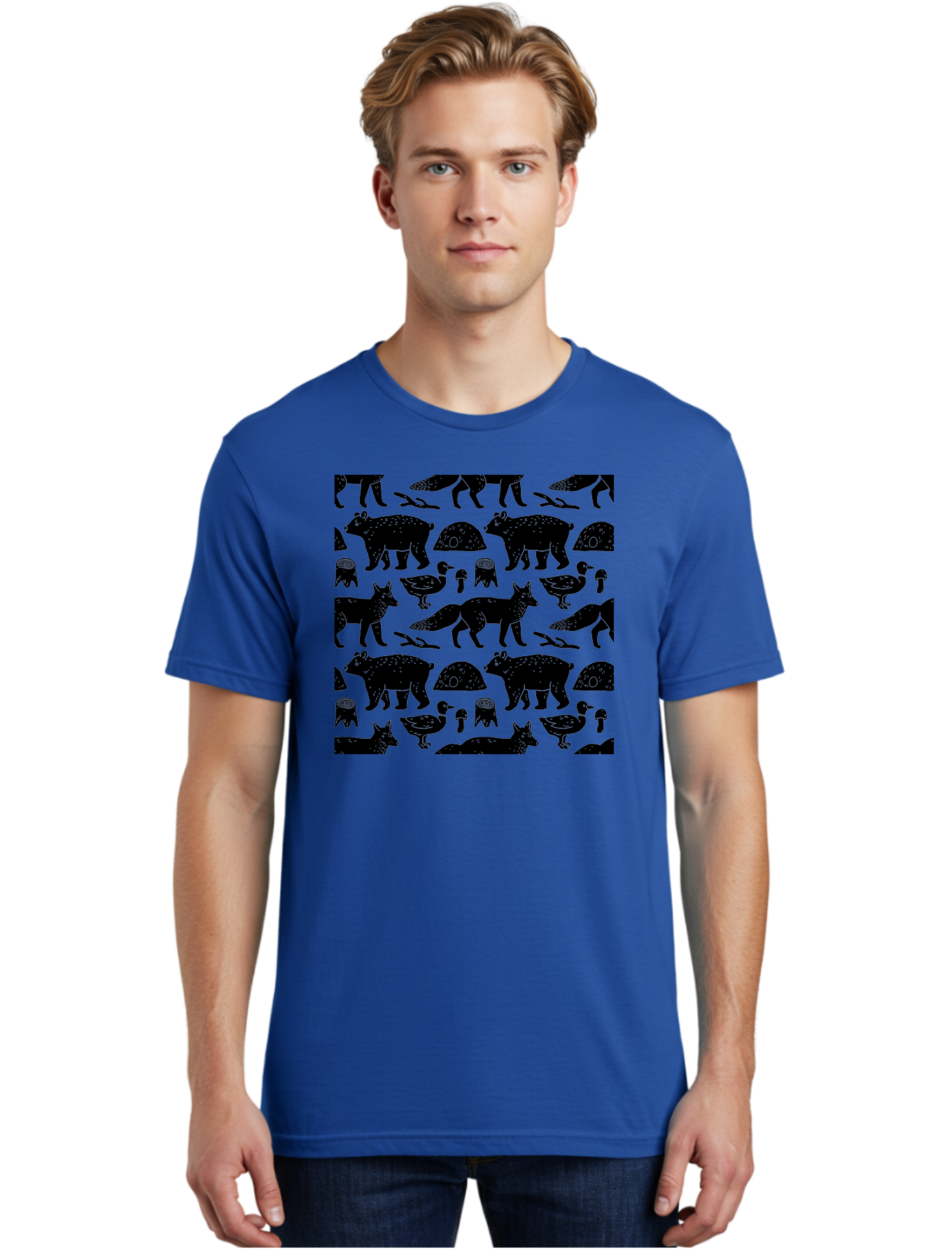 Woodland-Animal-Pattern Men'S Graphic Tee, 100% Cotton, Comfortable Casual Summer Wear, Machine Washable, Black Silhouettes Of Bears, Foxes, Birds, Mushrooms, Branches, Forest Creatures, Wildlife Pattern, Nature Design, Forest Theme, - Aaa618