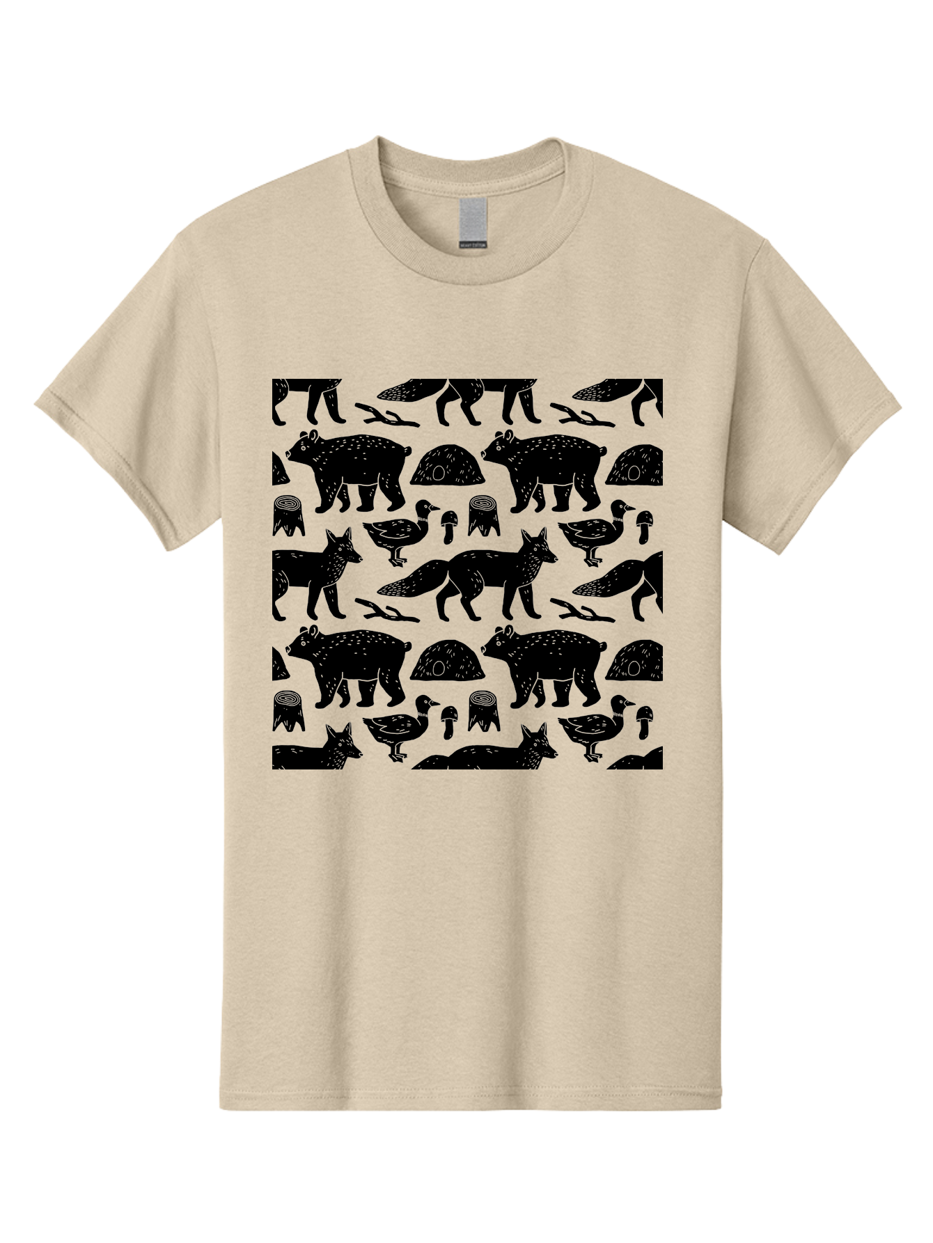 Woodland-Animal-Pattern Men'S Graphic Tee, 100% Cotton, Comfortable Casual Summer Wear, Machine Washable, Black Silhouettes Of Bears, Foxes, Birds, Mushrooms, Branches, Forest Creatures, Wildlife Pattern, Nature Design, Forest Theme, - Aaa618