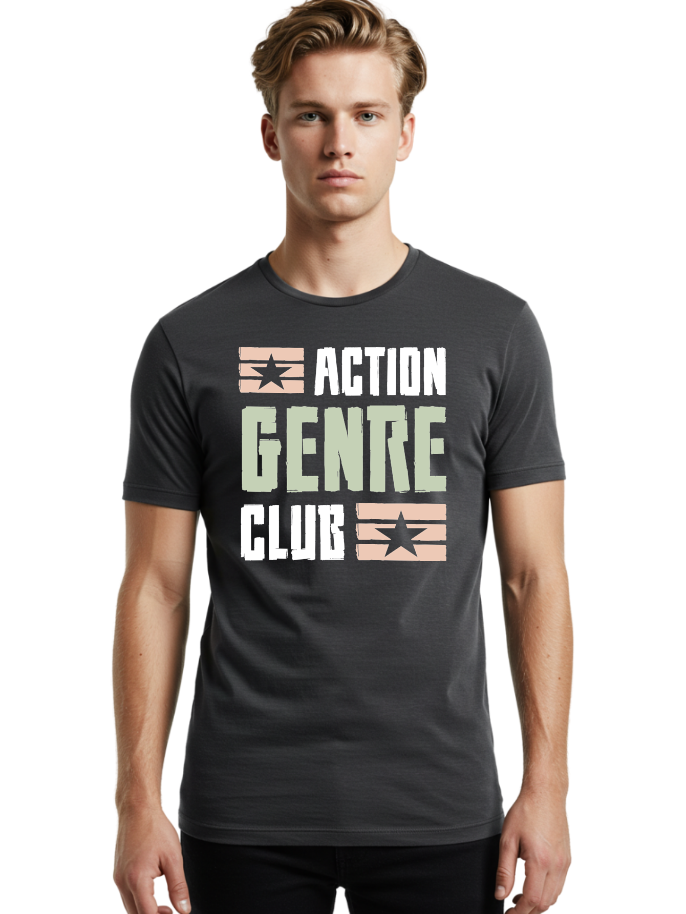 Action-Genre-Club Men'S Graphic Tee, 100% Cotton, Comfortable Casual Summer Wear, Machine Washable, Action Genre, Action Movies, Film Enthusiasts, Movie Buffs, Club Logo, Entertainment, Cinematic Experience, Adventure, Thriller, Blockbuster - Aaa619