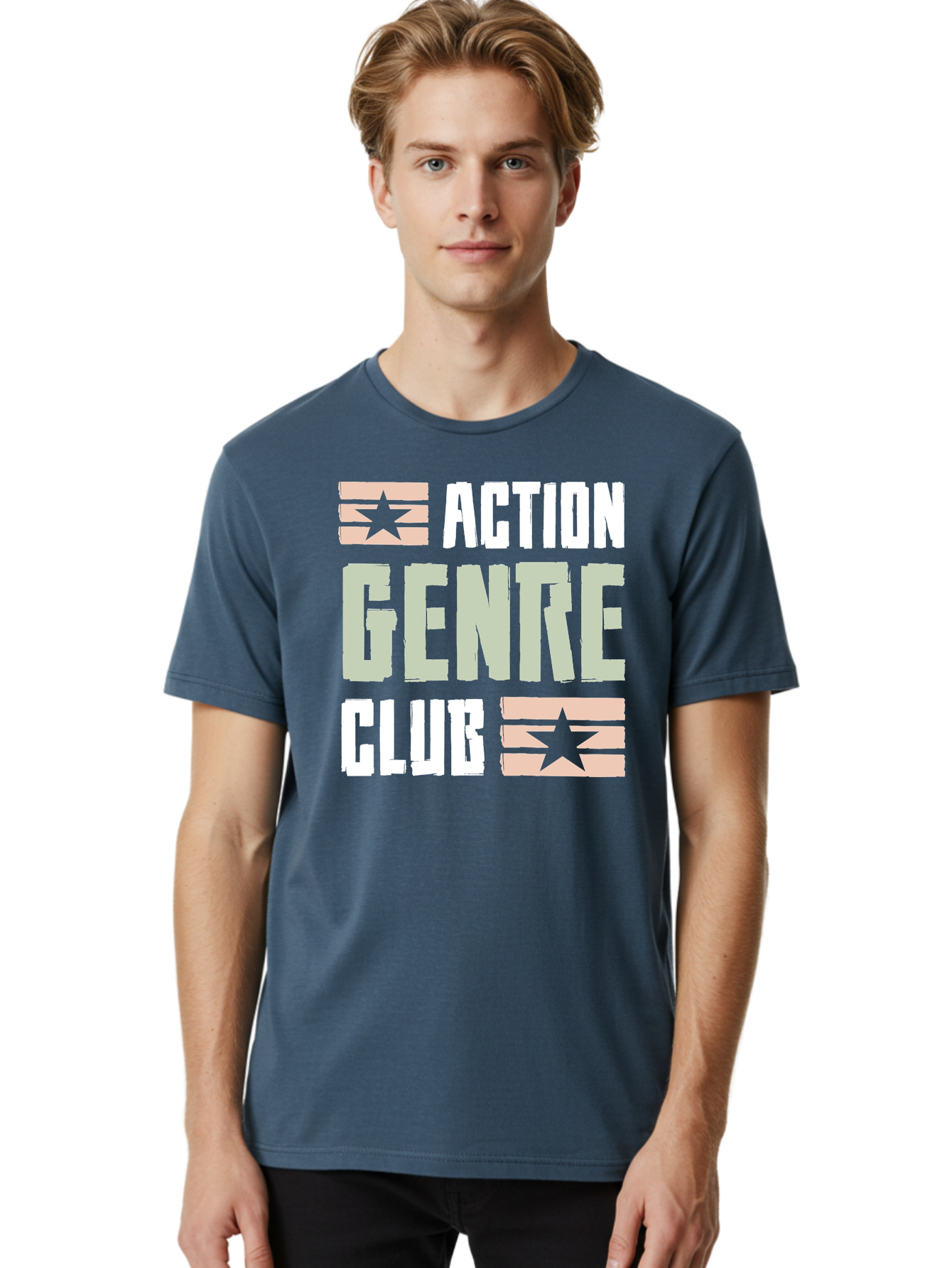 Action-Genre-Club Men'S Graphic Tee, 100% Cotton, Comfortable Casual Summer Wear, Machine Washable, Action Genre, Action Movies, Film Enthusiasts, Movie Buffs, Club Logo, Entertainment, Cinematic Experience, Adventure, Thriller, Blockbuster - Aaa619