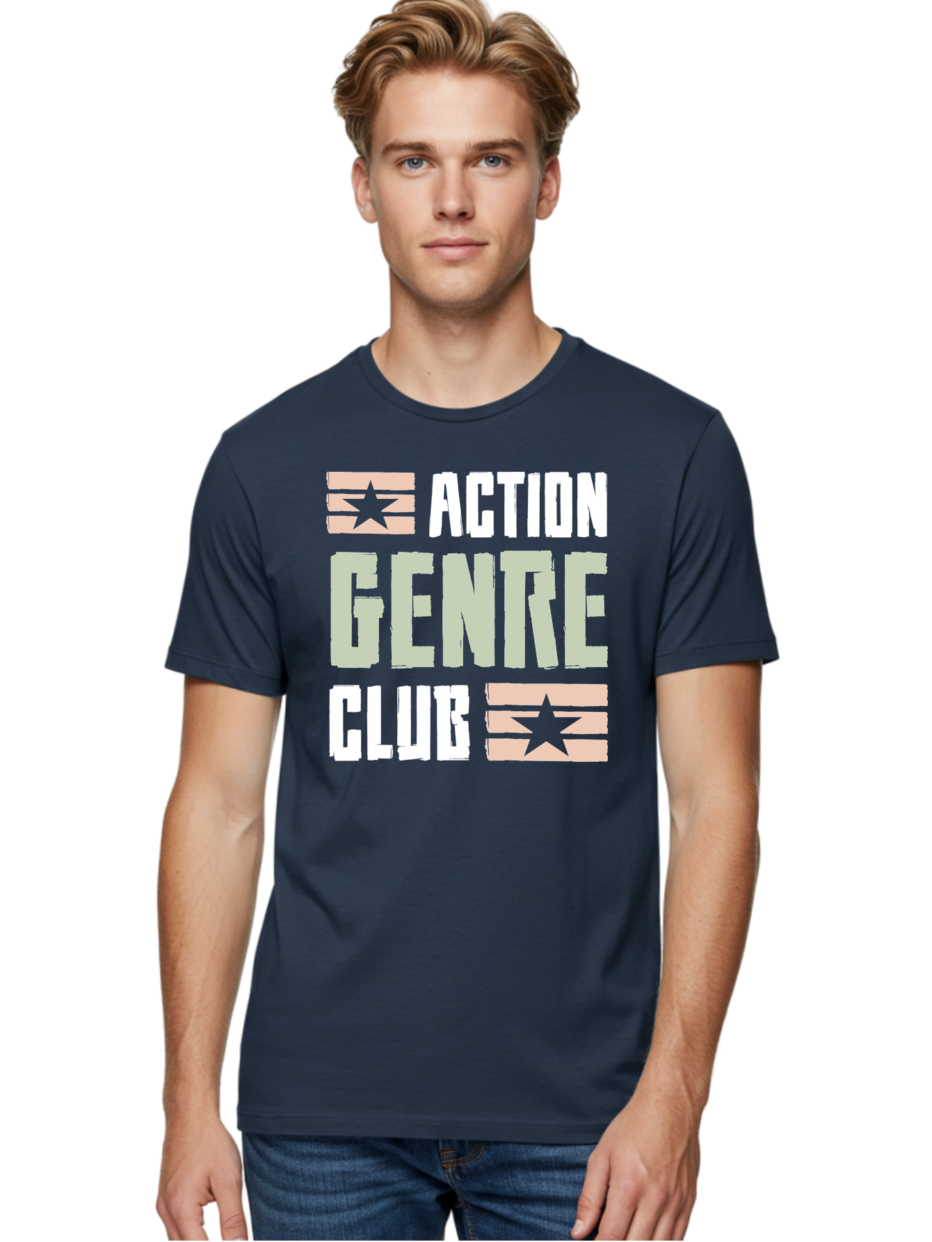 Action-Genre-Club Men'S Graphic Tee, 100% Cotton, Comfortable Casual Summer Wear, Machine Washable, Action Genre, Action Movies, Film Enthusiasts, Movie Buffs, Club Logo, Entertainment, Cinematic Experience, Adventure, Thriller, Blockbuster - Aaa619