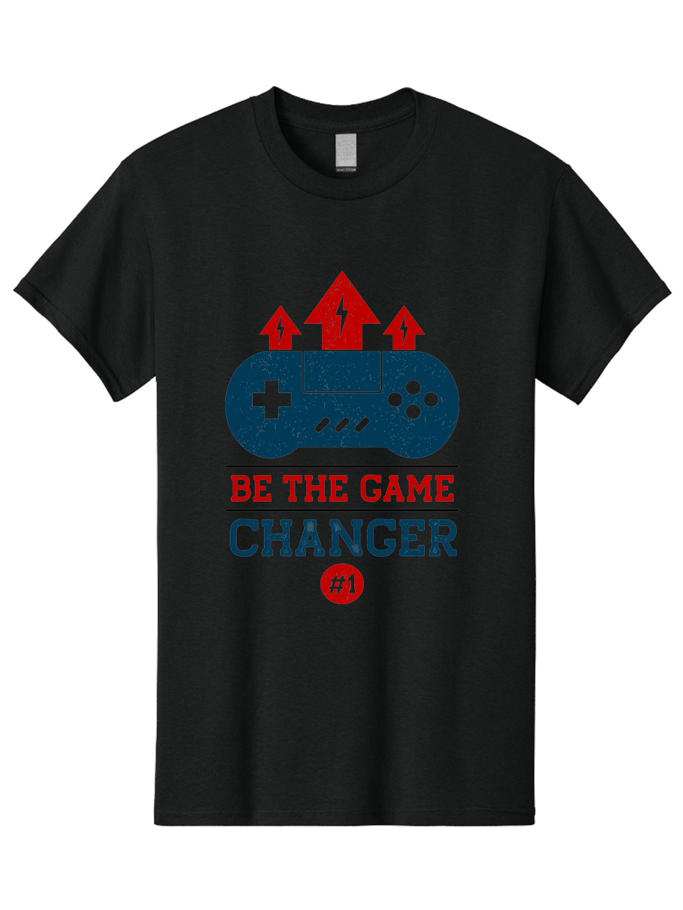 Be-The-Game-Changer Men'S Graphic Tee, 100% Cotton, Comfortable Casual Summer Wear, Machine Washable, Gaming Inspiration, Motivational Quote, Game Changer, Video Game Controller, Red And Blue Colors, Arrows Pointing Up, Positive Energy, - Aaa620
