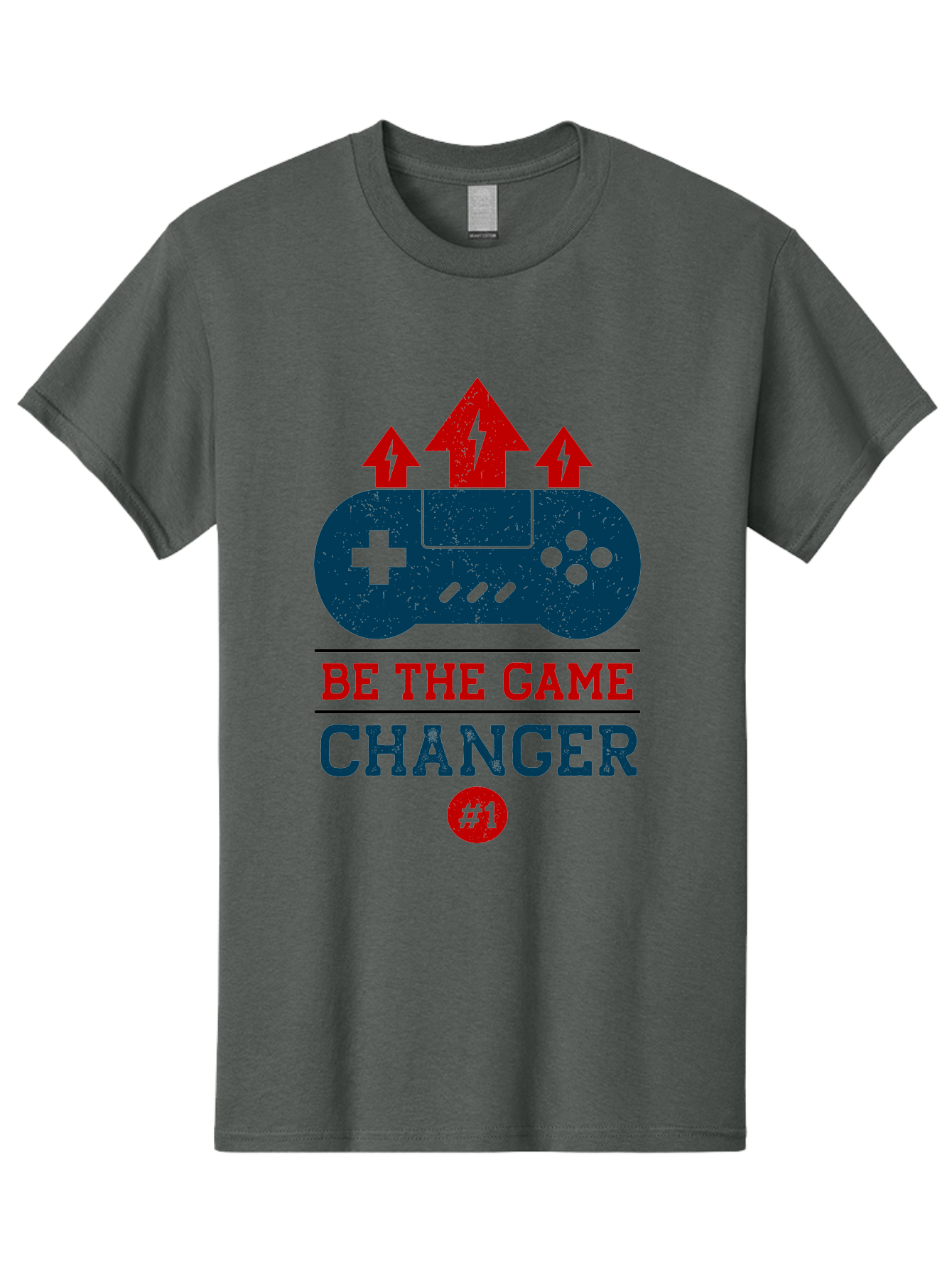 Be-The-Game-Changer Men'S Graphic Tee, 100% Cotton, Comfortable Casual Summer Wear, Machine Washable, Gaming Inspiration, Motivational Quote, Game Changer, Video Game Controller, Red And Blue Colors, Arrows Pointing Up, Positive Energy, - Aaa620